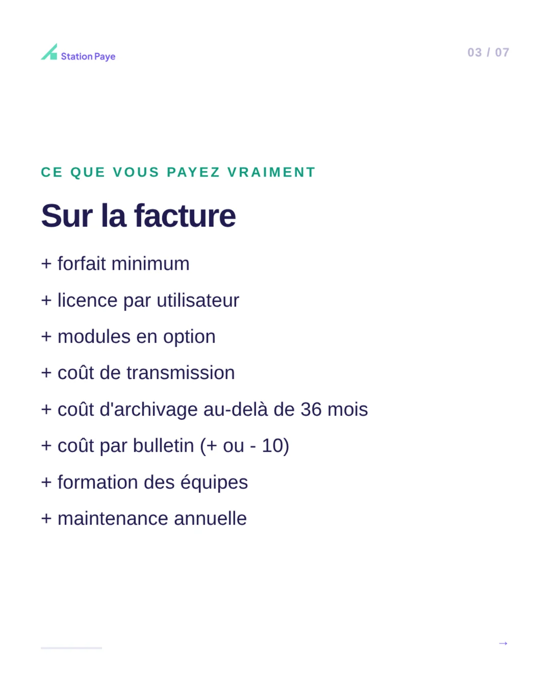 Slide 3 sur 7 : ce que vous payez vraiment sur la facture, du forfait minimum à la maintenance annuelle.