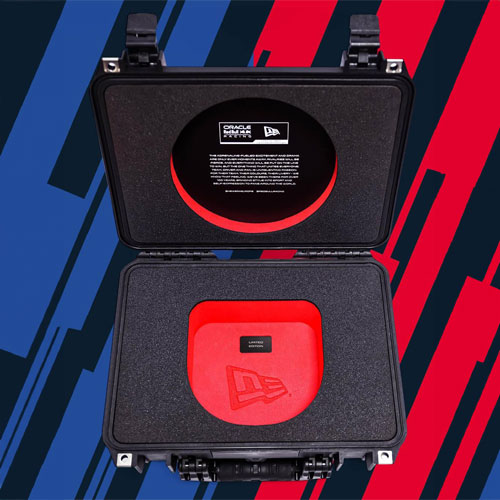 A Peli 1500 case open with black and red custom foam inserts created by MSA Foams for Red Bull Racing and New Era.