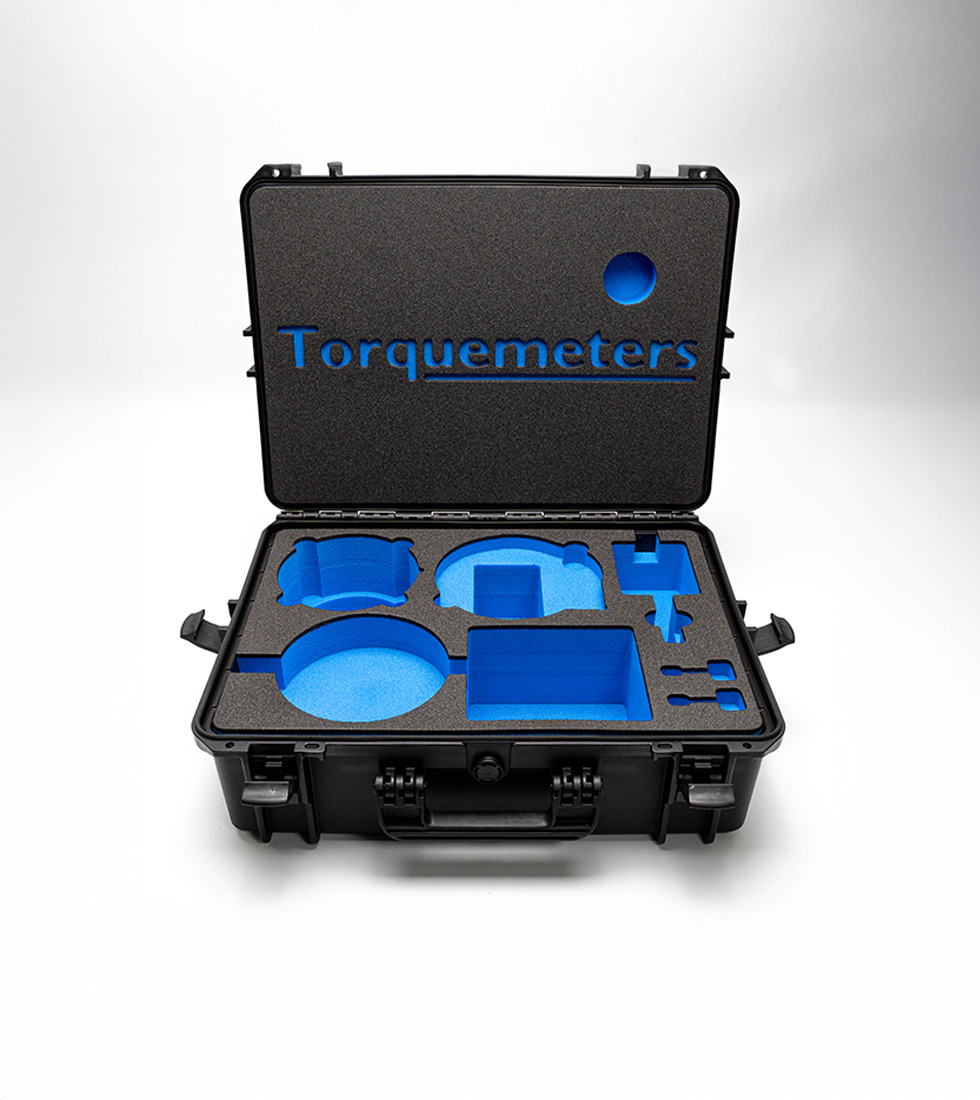 Custom MAX case with blue foam insert and Torquemeters branding – precision-cut cavities for secure equipment protection and presentation