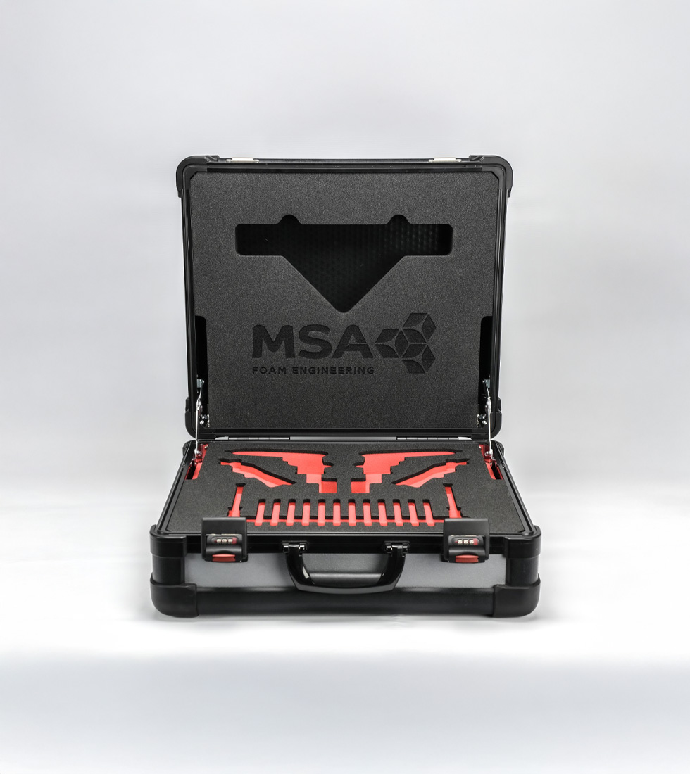 MSA branded EXOcase with layered red and black foam insert for technical kits