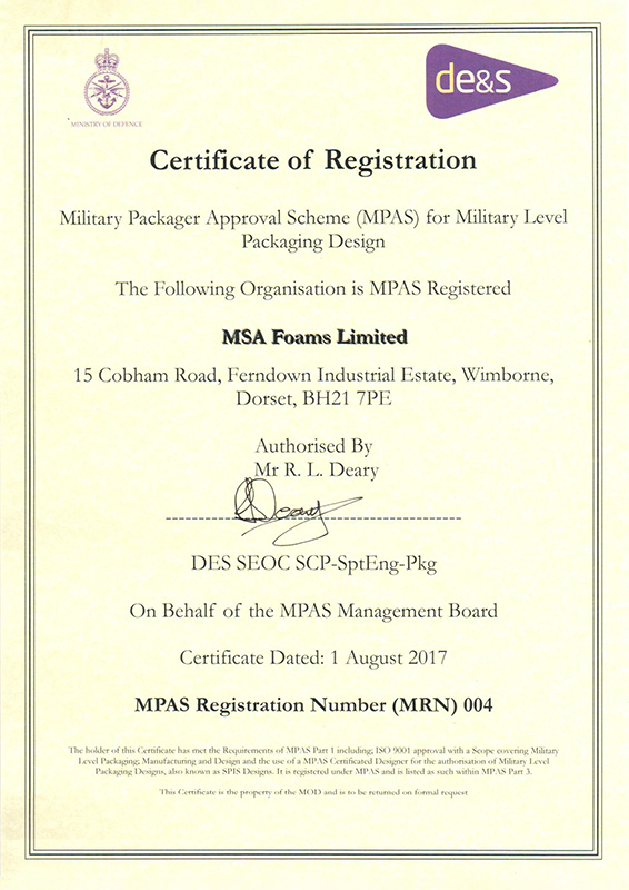 MPAS Certificate of Registration awarded to MSA Foams Ltd for military-level packaging design under the Military Packager Approval Scheme