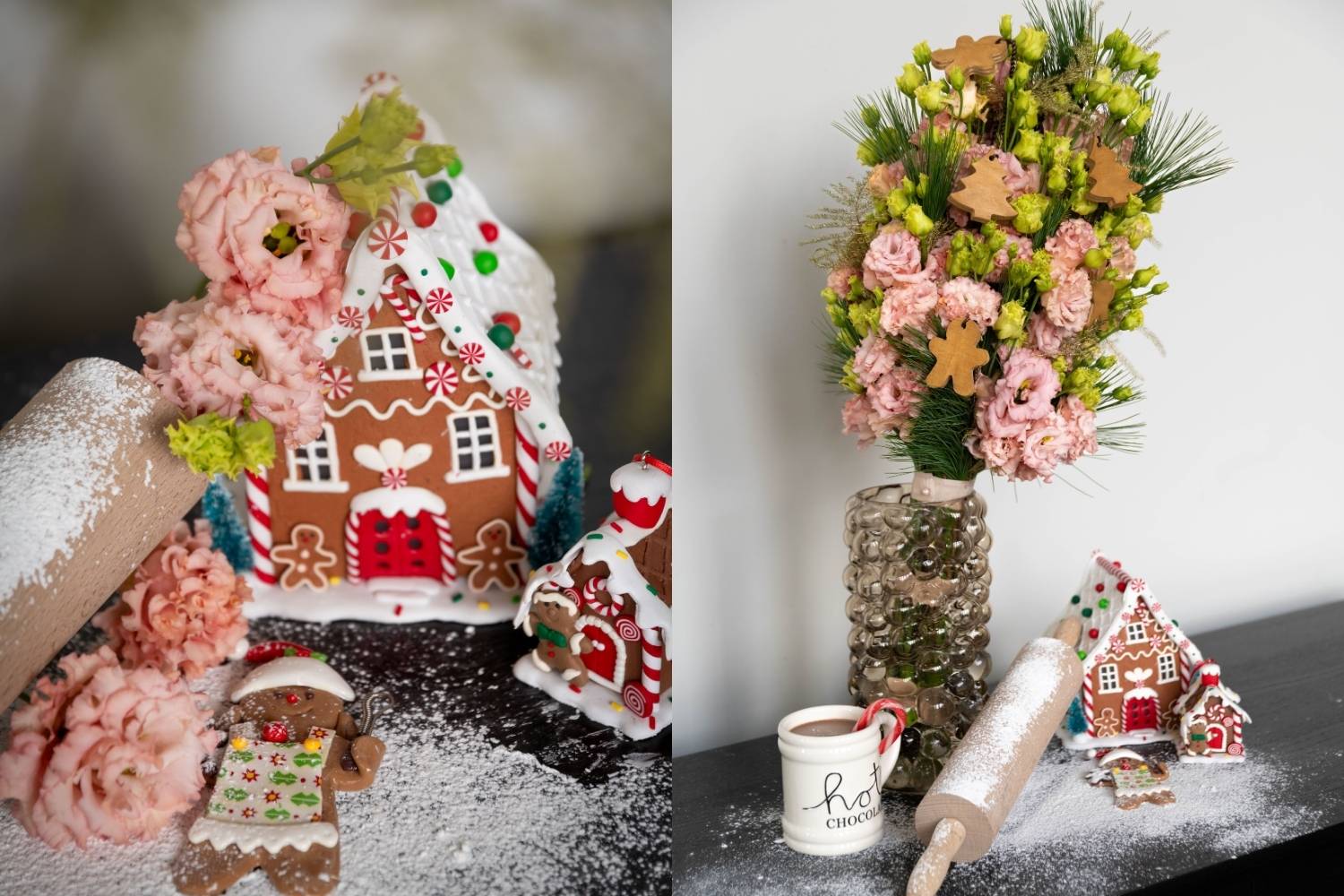 Pink Lisianthus Eustoma for Christmas decor, creative Christmas decor idea, fresh flower Christmas arrangement inspiration using pale pink Lisianthus, gingerbread house, and baking setup