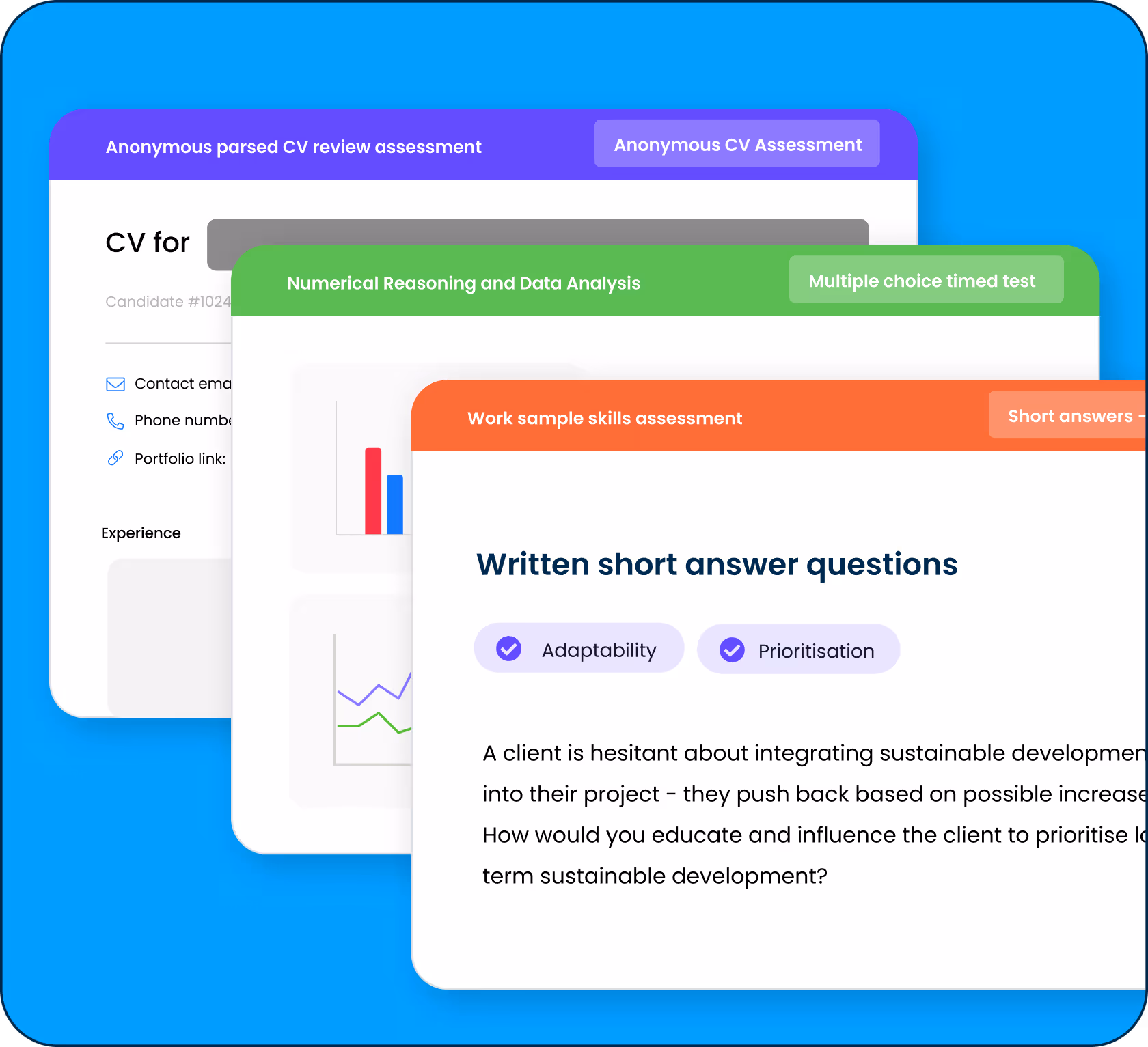 A mockup illustration of the Applied test selection environment - the image is of 3 different tests that can be set for candidates.