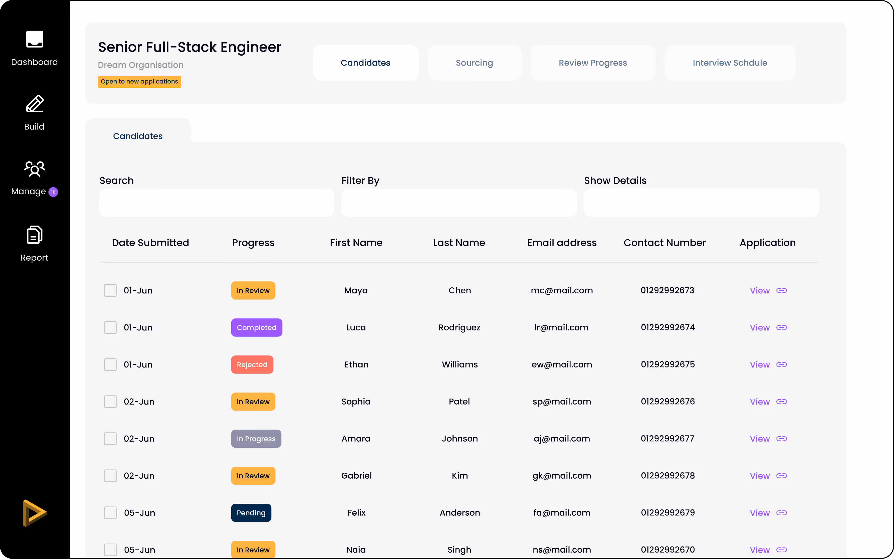 A mockup illustration of the Applied's dashboard with multiple candidates.