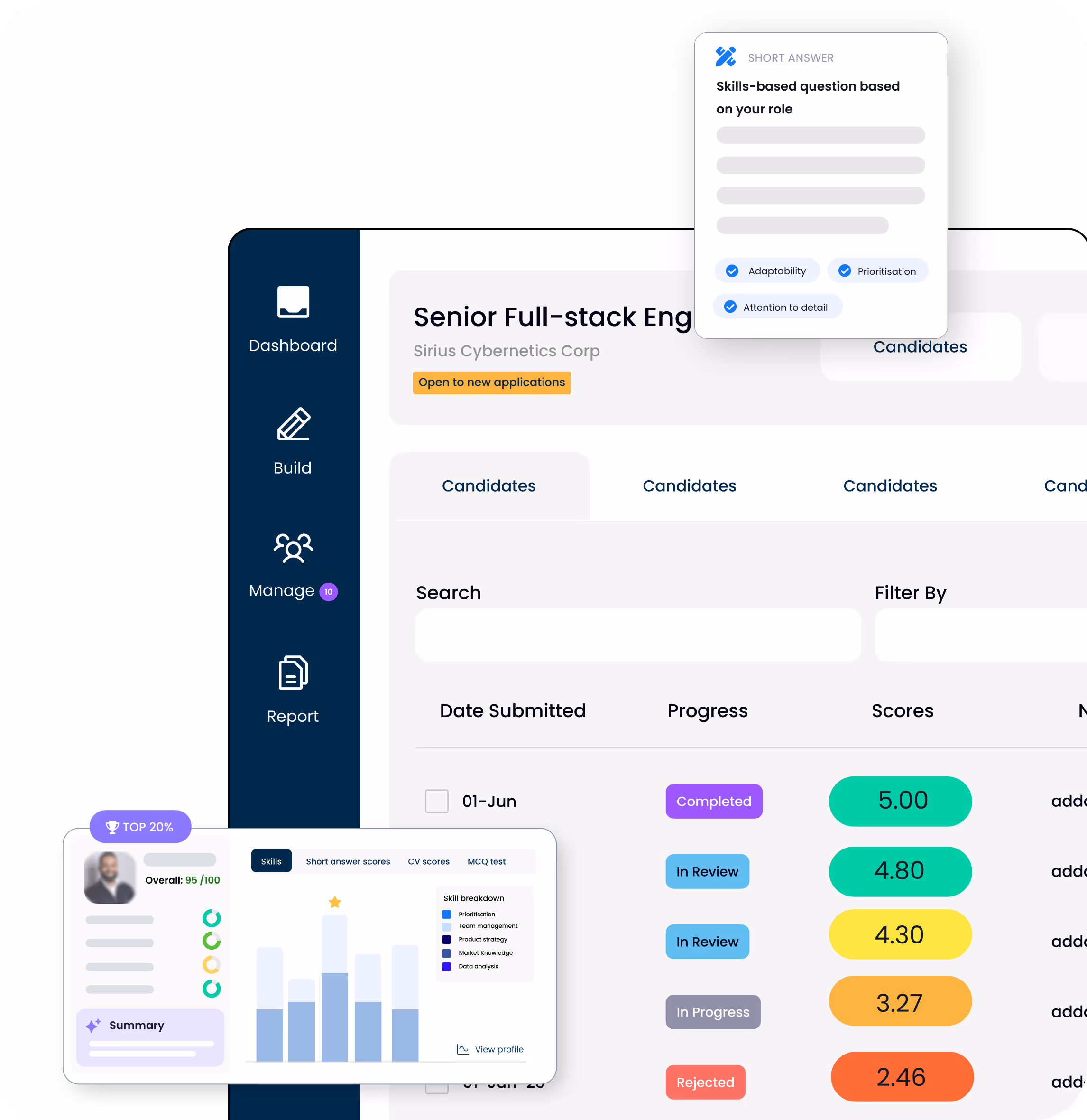 This is the hero image for our AI Assistant: a mockup illustration of the Applied's platform dashbaord, which skills questions builder and reporting features highlighted.