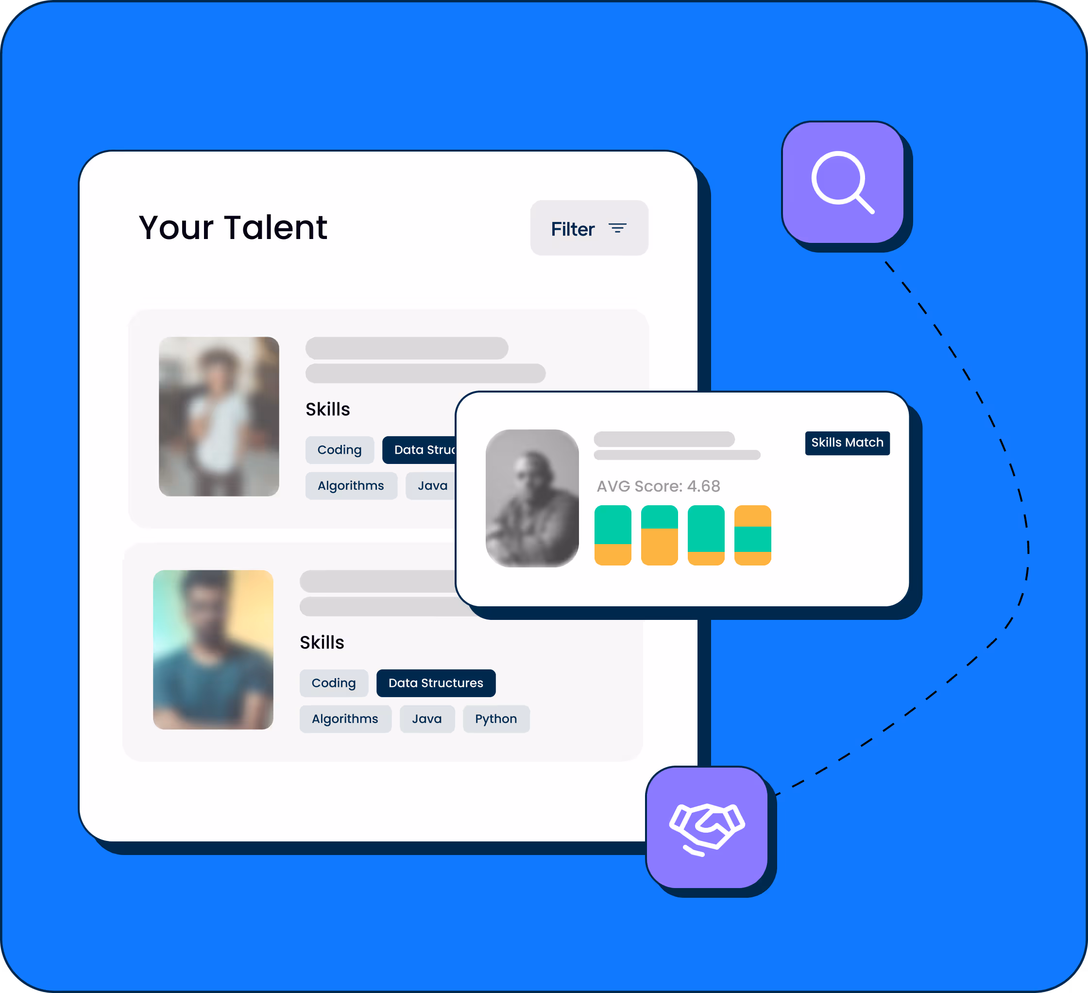 An image of 3 candidates with all personal data anonymised and their skills highlighted with our new blue background.