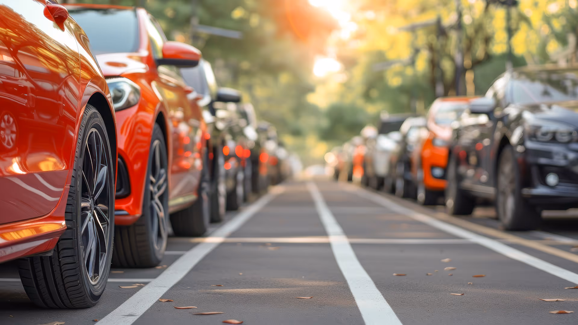 Close-up view of parked cars in a tree-lined urban street, emphasizing modern mobility, smart parking, and automotive fleet environments.