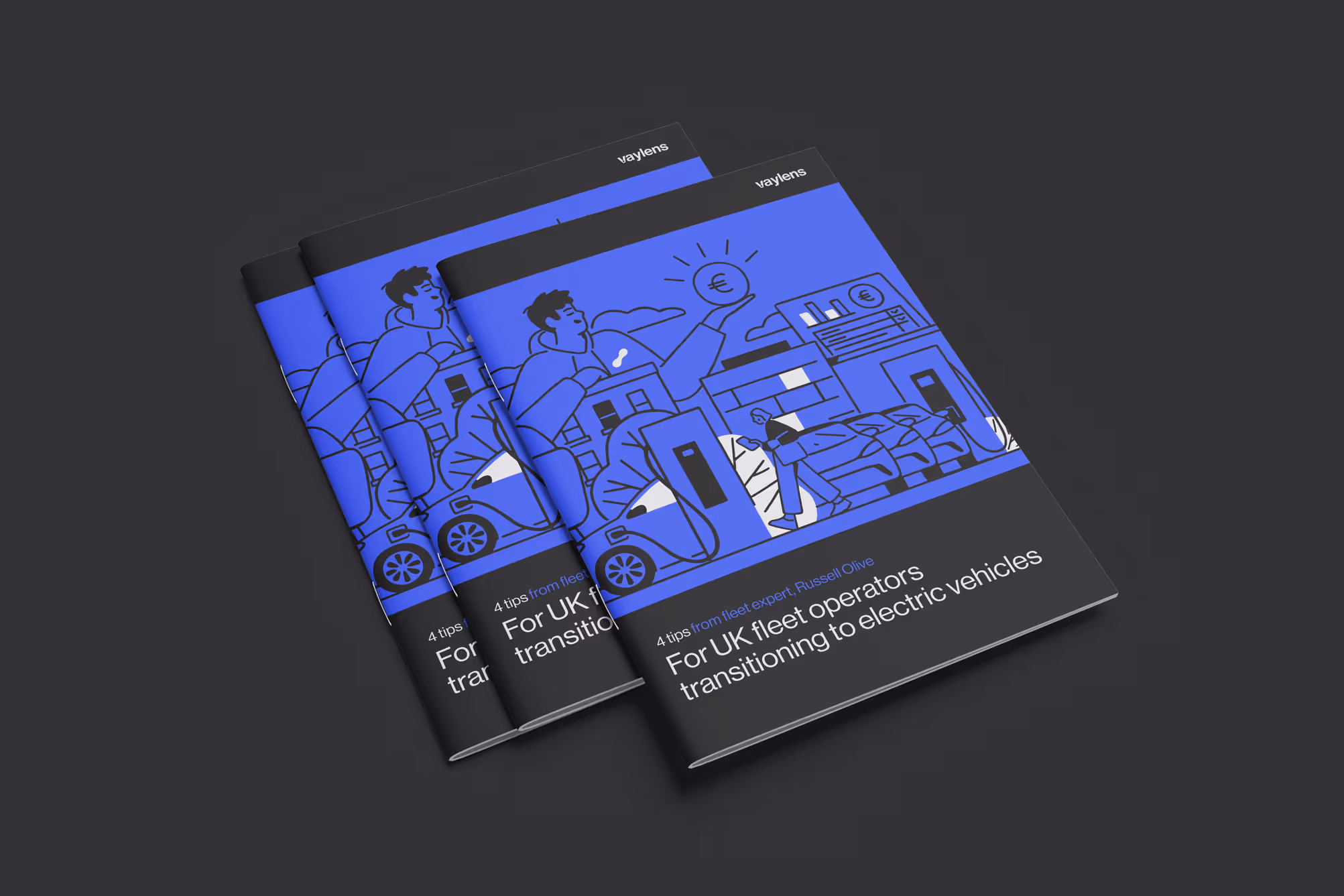 Tablet displaying a fleet transition guide for UK operators, featuring illustrated EV charging and expert tips for electric vehicle adoption.
