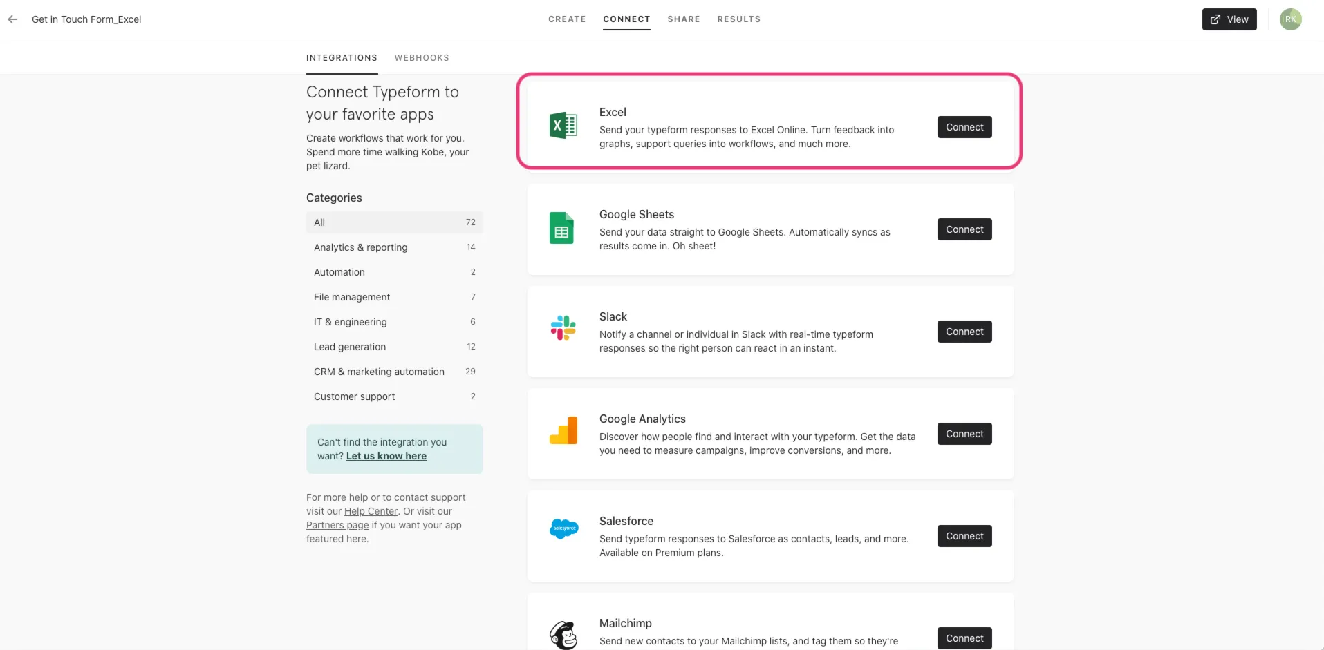 excel in connect panel