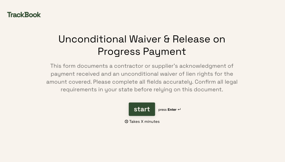 Unconditional Waiver & Release on Progress Payment Form Template