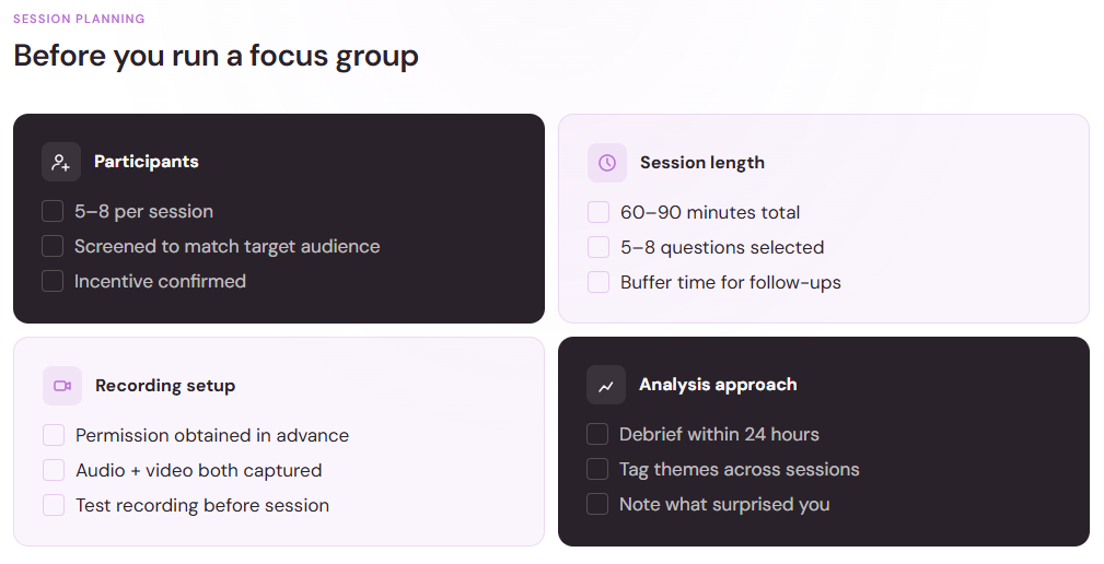 Pre-session checklist covering participants, session length, recording setup, and analysis approach