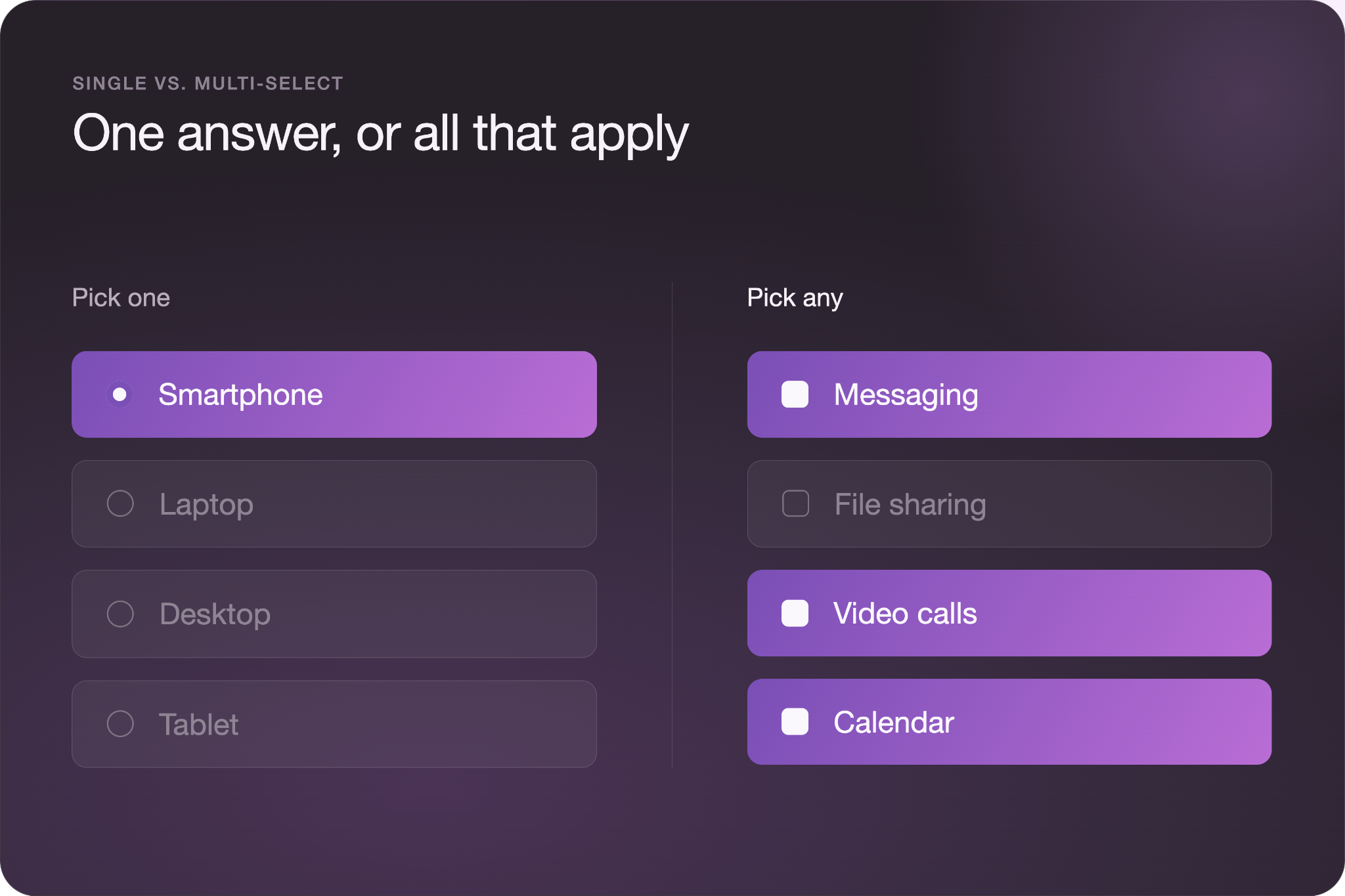 Single vs multi-select comparison: "Pick one" shows a single selected radio option (Smartphone), "Pick any" shows multiple selected checkboxes (Messaging, Video calls, Calendar).