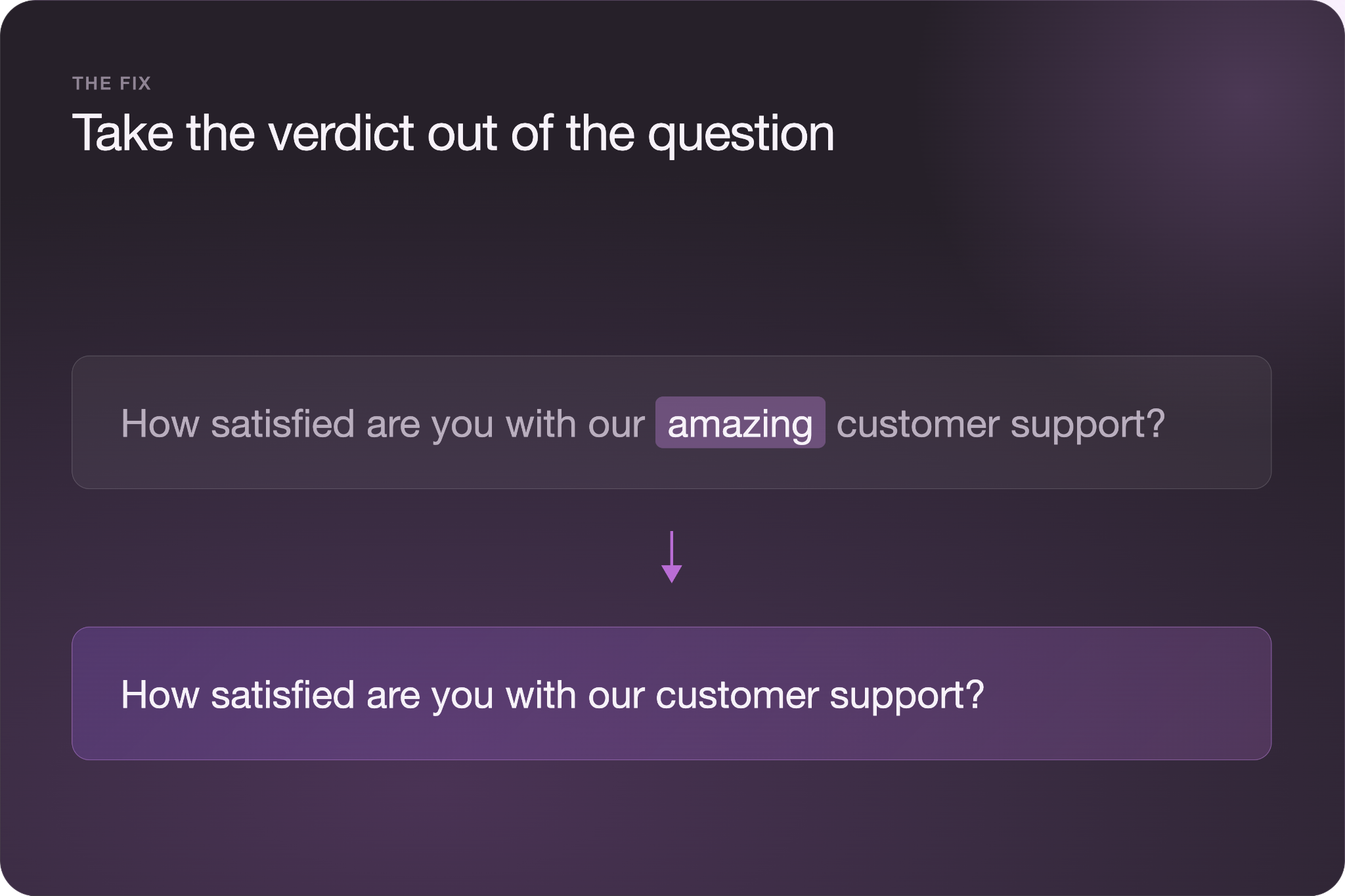 Before-and-after fix showing the biased question "How satisfied are you with our amazing customer support?" with "amazing" highlighted, corrected to the neutral "How satisfied are you with our customer support?"
