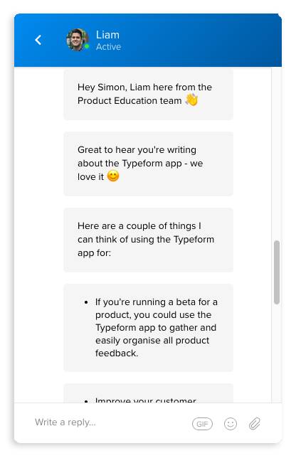 Intercom support explaining Typeform integration use case 2