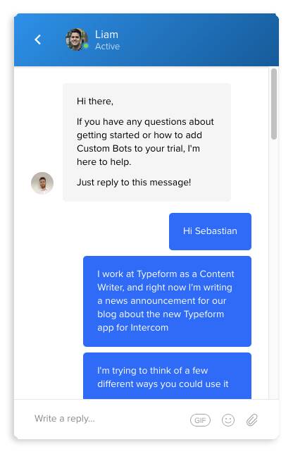 Intercom support explaining Typeform integration use case 1