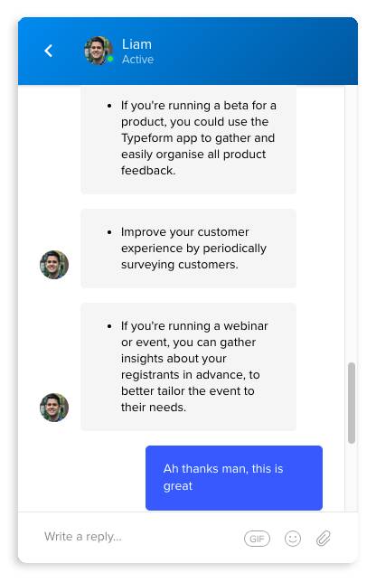Intercom support explaining Typeform integration use case 3