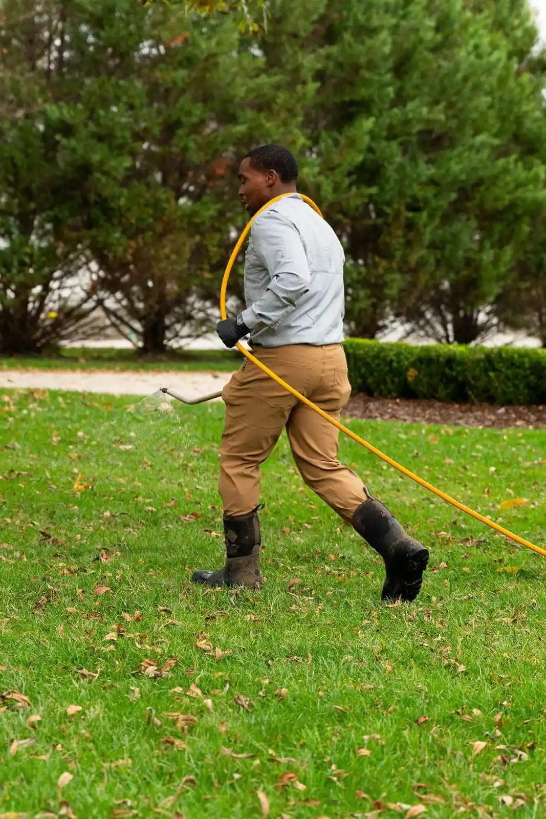 Veragreen technician operating professional lawn treatment equipment on maintained residential lawn