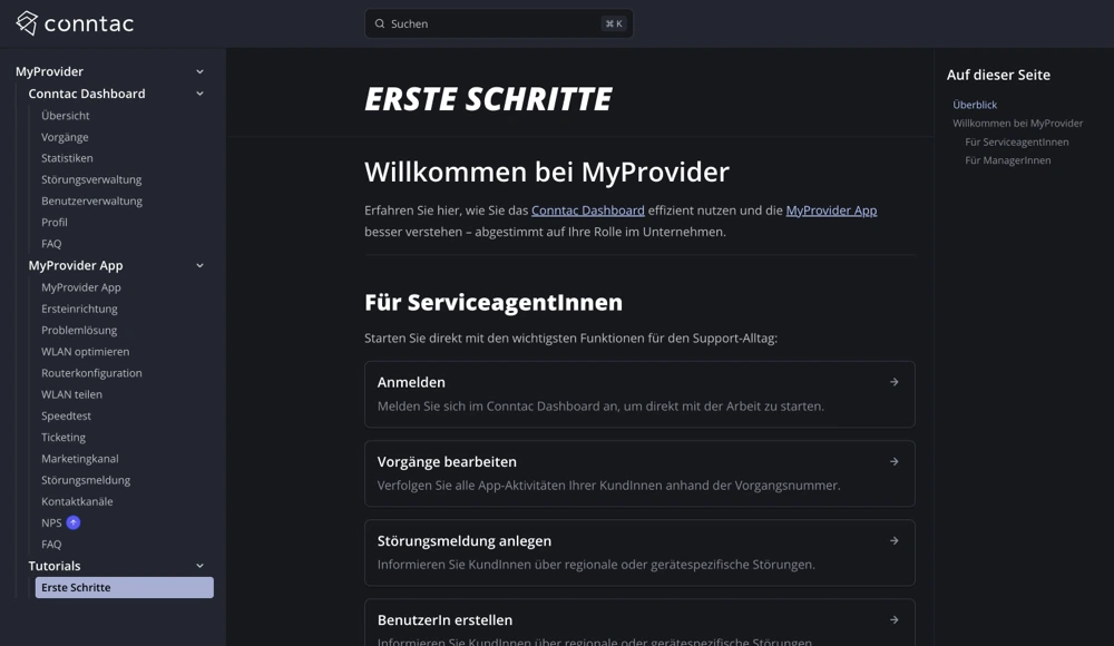Screenshot der Conntac Knowledgebase im Dark Mode