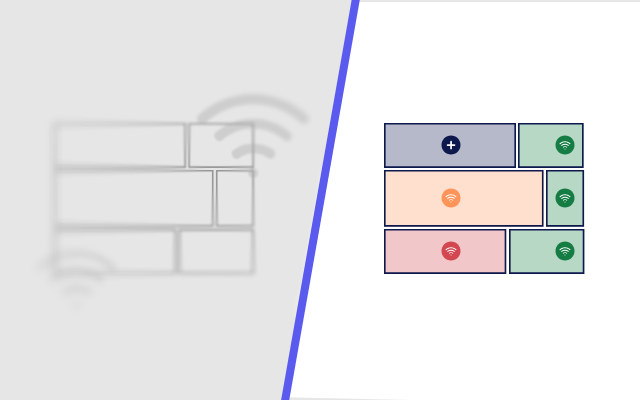 Wohnungsgrundriss mit diffusem WLAN links und Heatmap-Darstellung rechts. Wohnungsgrundriss mit diffusem WLAN links und Heatmap-Darstellung rechts.