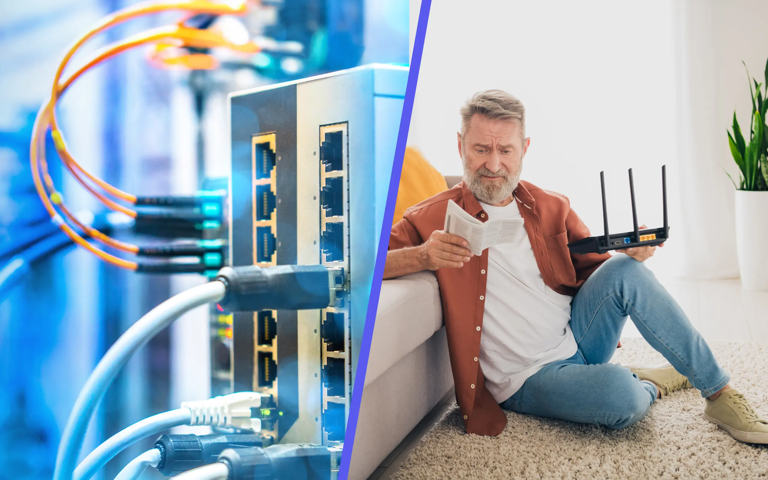 Netzebene 4 und 5 im Glasfasernetz Darstellung der Lücke zwischen Glasfaserausbau und tatsächlicher Nutzung: links strukturierte Glasfaser-Infrastruktur im Gebäude, rechts unsichere Nutzungssituation mit Router und Endgeräten in einer Wohnung.