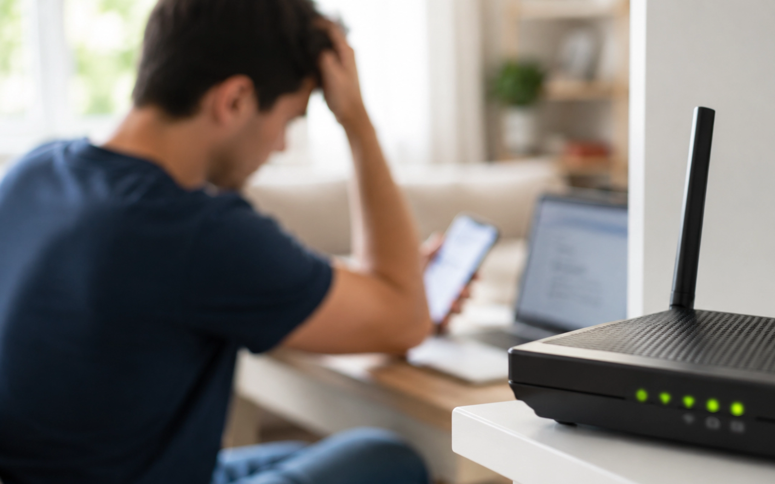 Frustrierter Nutzer bei Internetstörung nutzt Self-Service zur Problemlösung