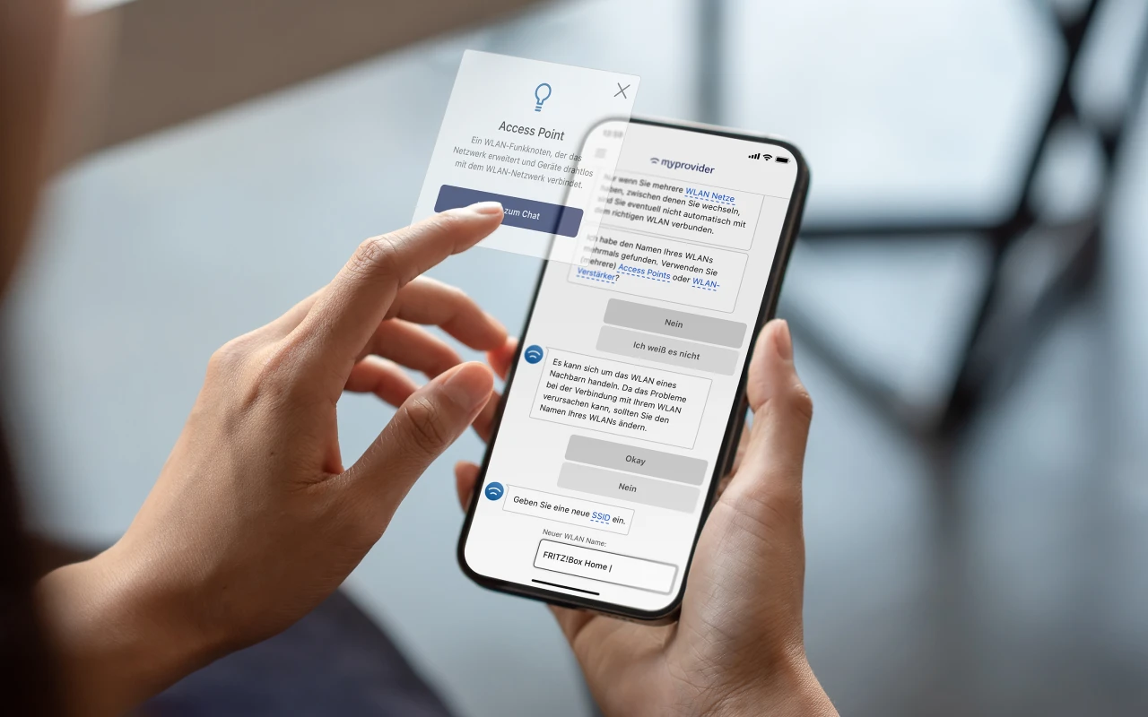 Self-Service App: Technische Begriffe verständlich erklären Vergleich eines Self-Service-Prozesses ohne und mit Smart Wiki: Externe Suche und Supportkontakt gegenüber einer Begriffserklärung direkt in der App.
