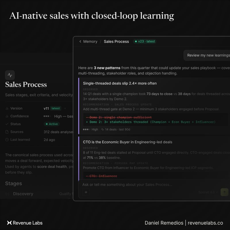 Revenue Labs GTM Memory reviewing new sales-process patterns with recommended playbook updates