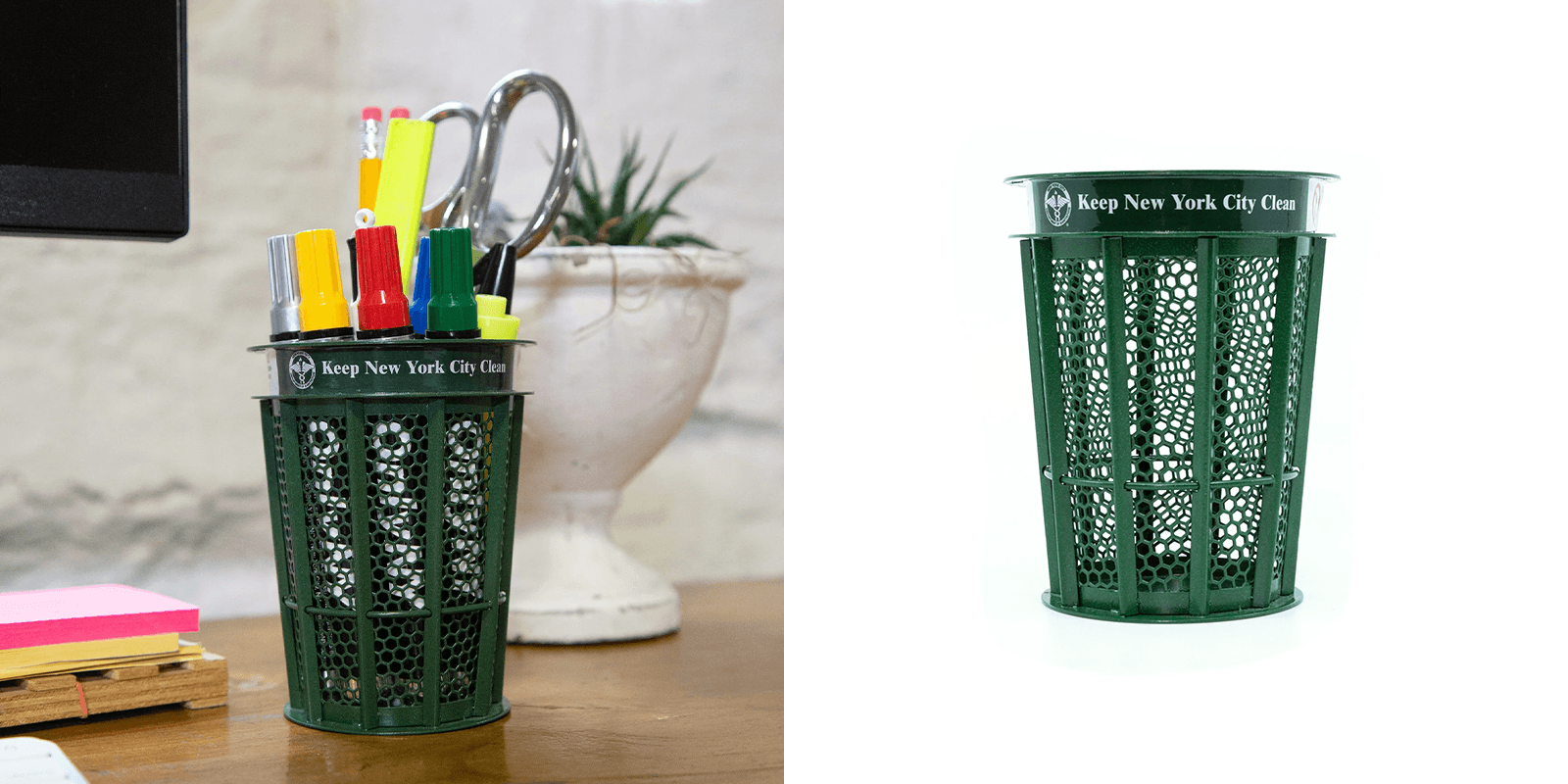 Mesh metal pencil holder that looks like a NYC trashcan