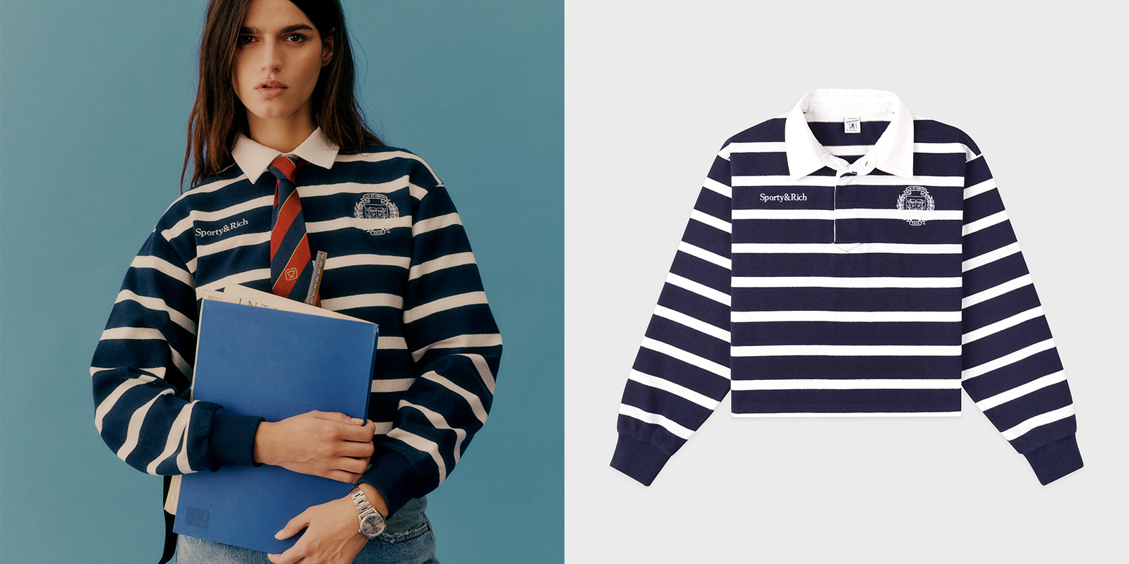 Image of a woman wearing a striped rugby style shirt with logo