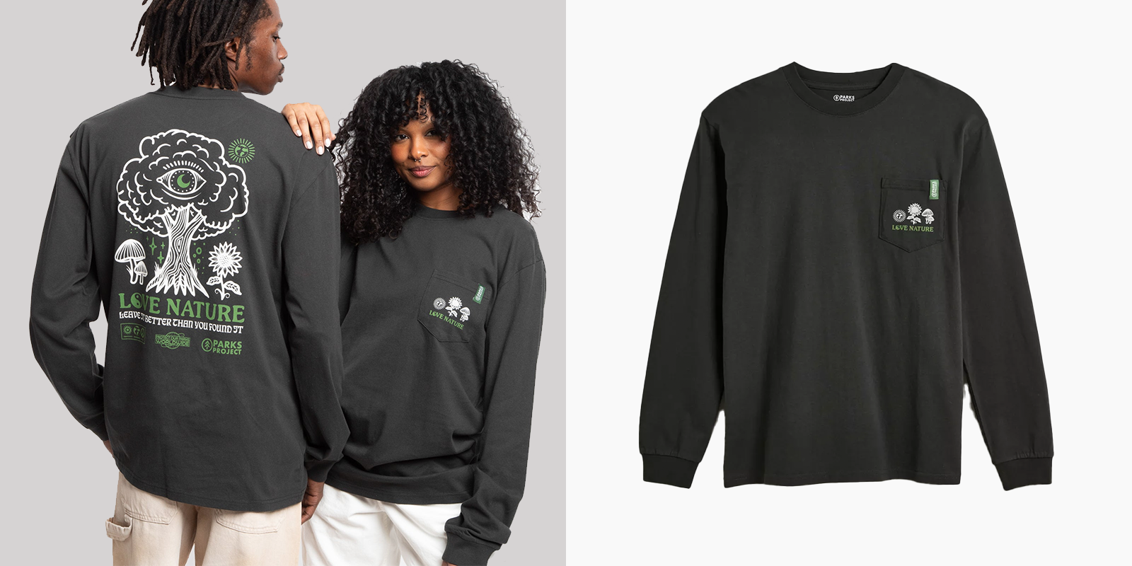 Image of a man and woman wearing a long sleeve graphic tee