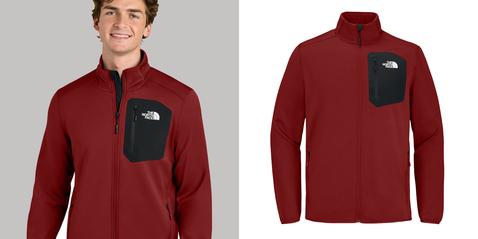 image of a man wearing a red full zip fleece jacket with patch pocket from The North Face