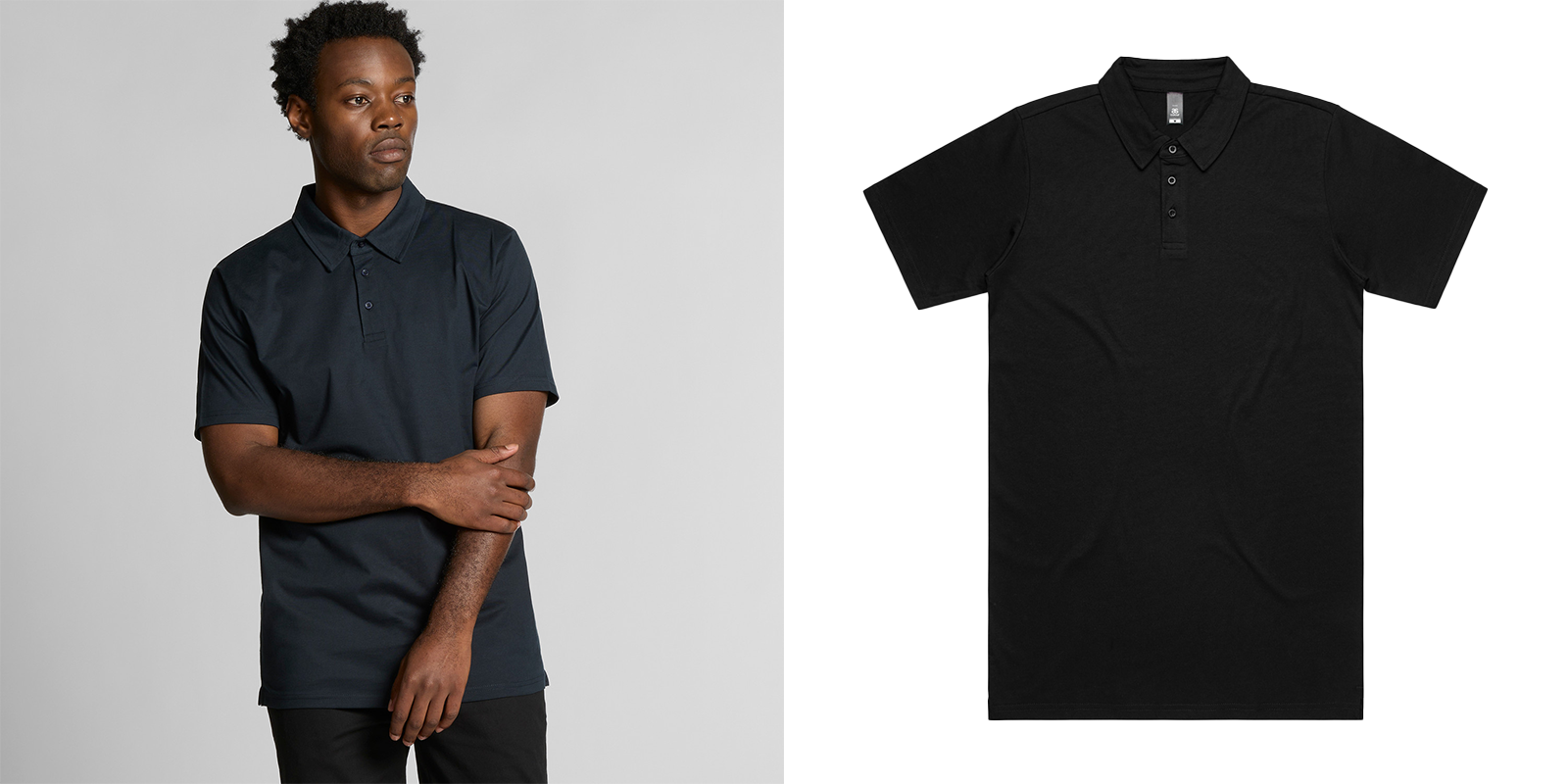 image of a man wearing a 3 button, black polo-style shirt