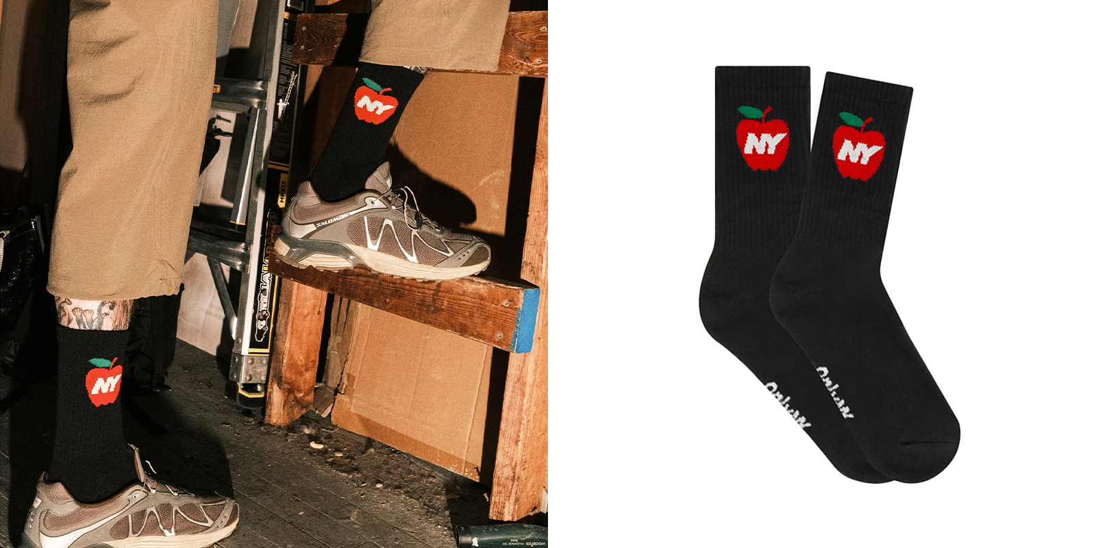 Person wearing fun, apple print socks 