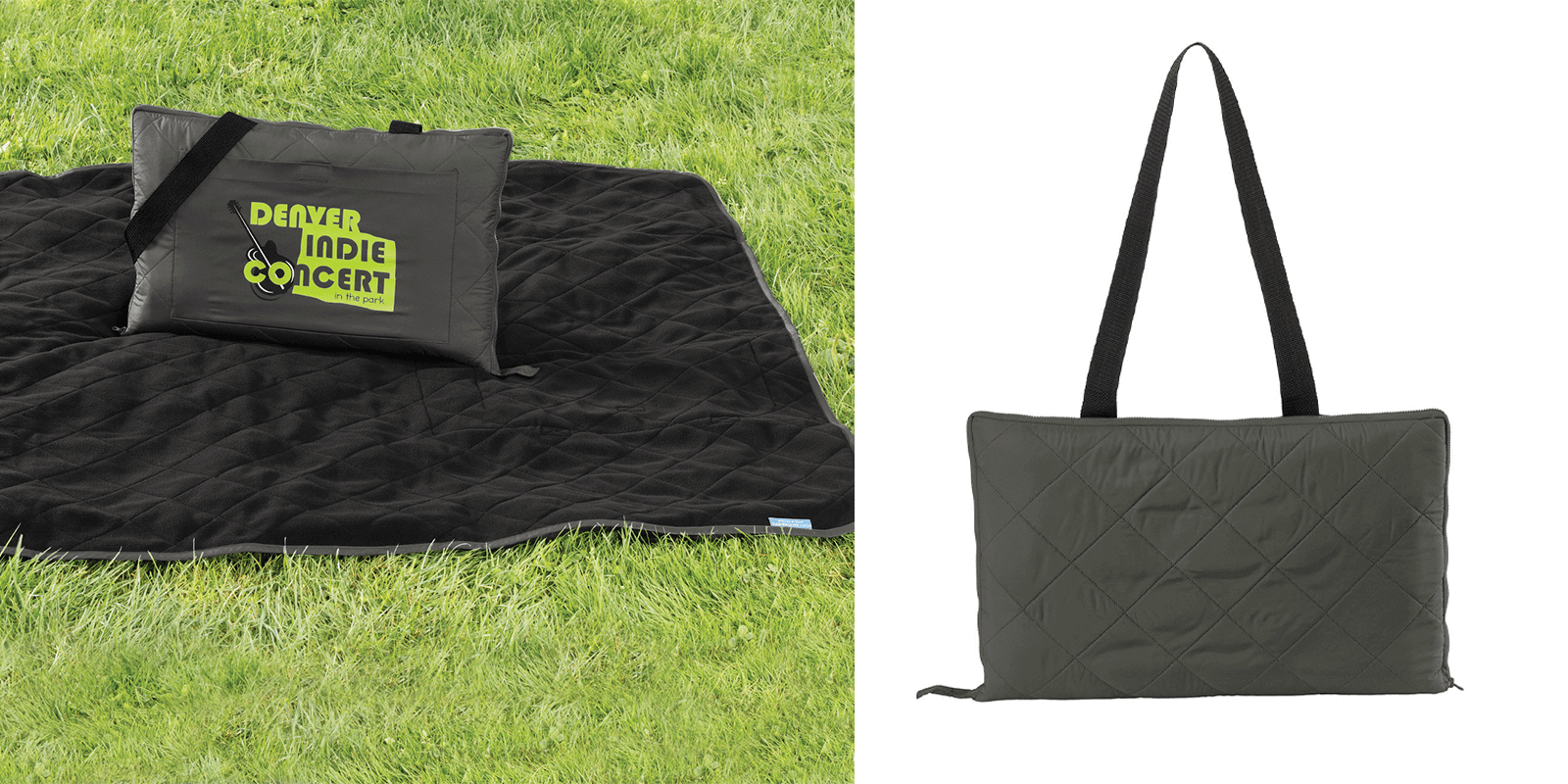 black packable picnic blanket with logo
