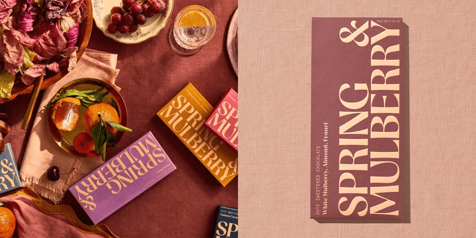 Spring & Mulberry date-sweetened dark chocolate with organic ingredients