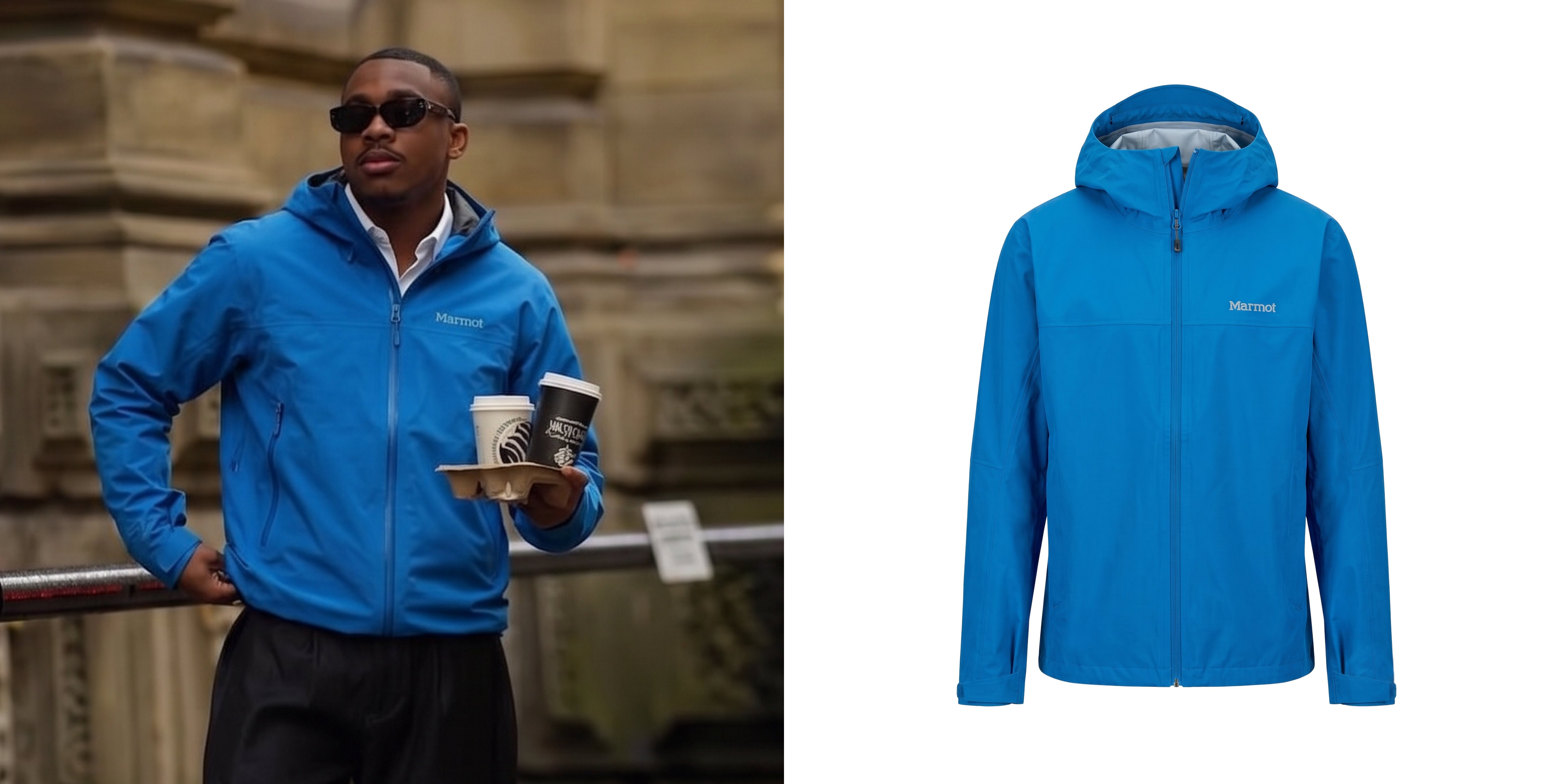 Man holding to go coffee ups wearing a bright blue Marmot jacket.