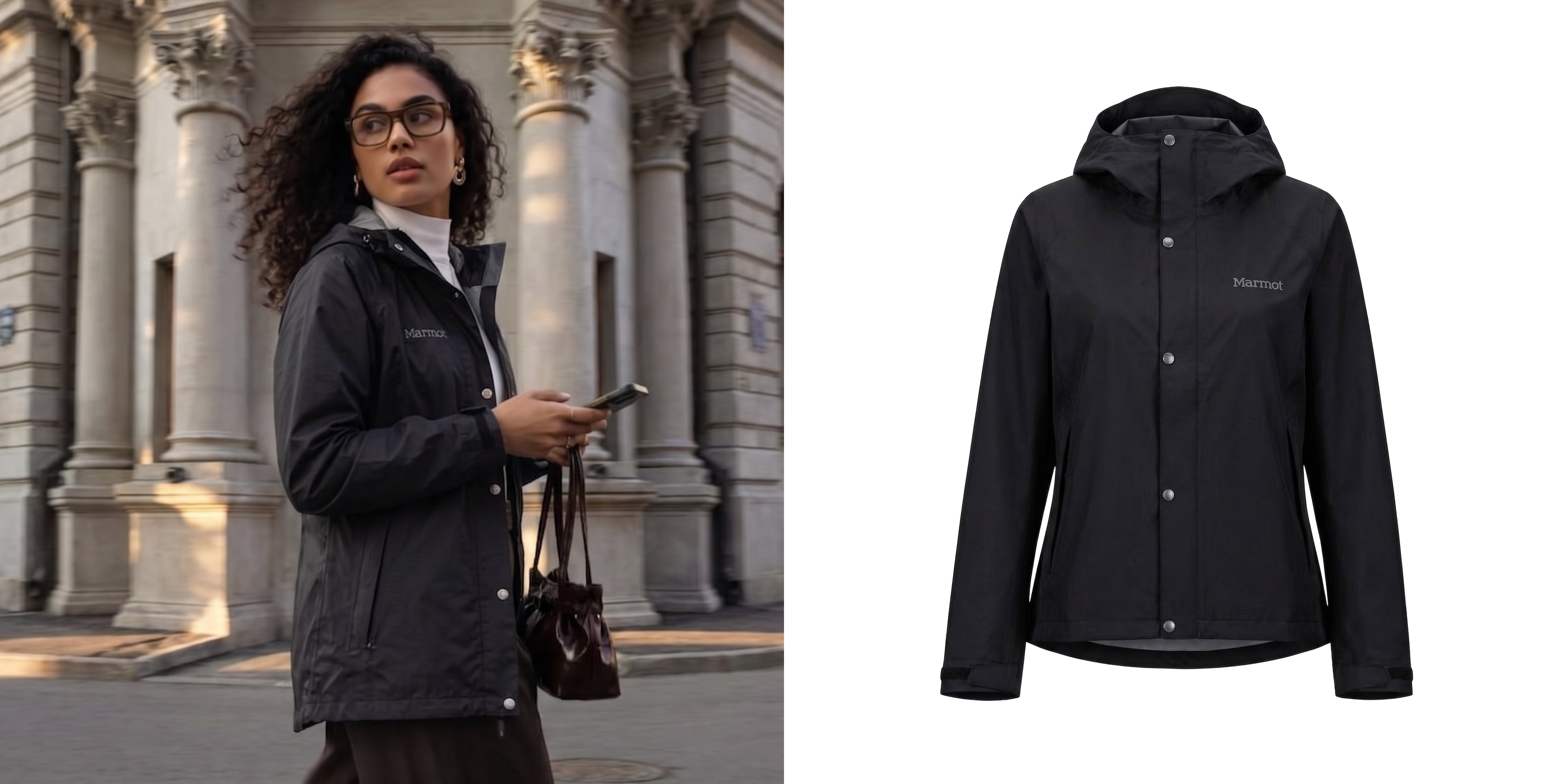Women outside wearing a black Marmot rain jacket holding a purse and phone.