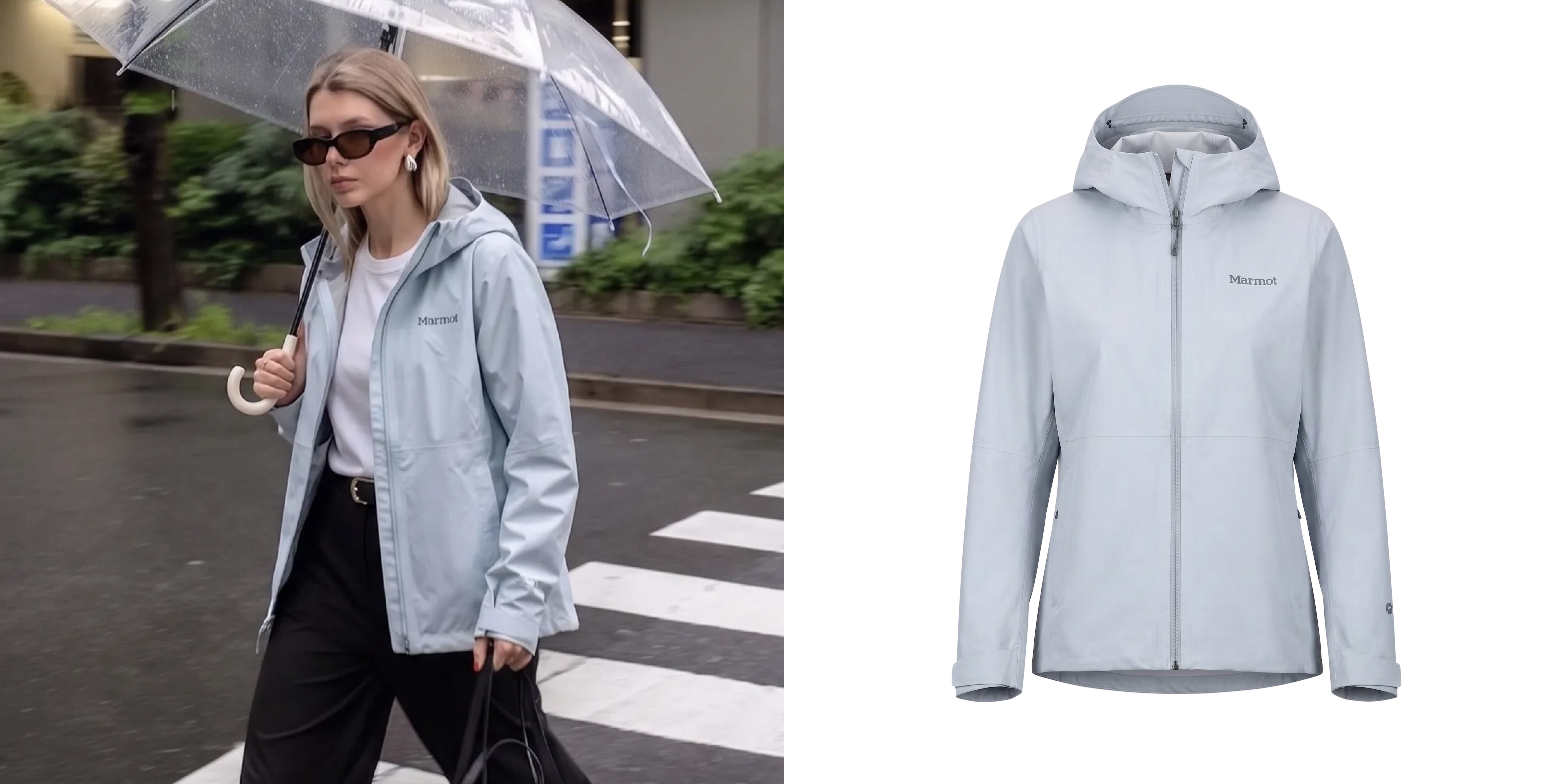 Woman walking outside with a light Marmot rain jacket and umbrella.
