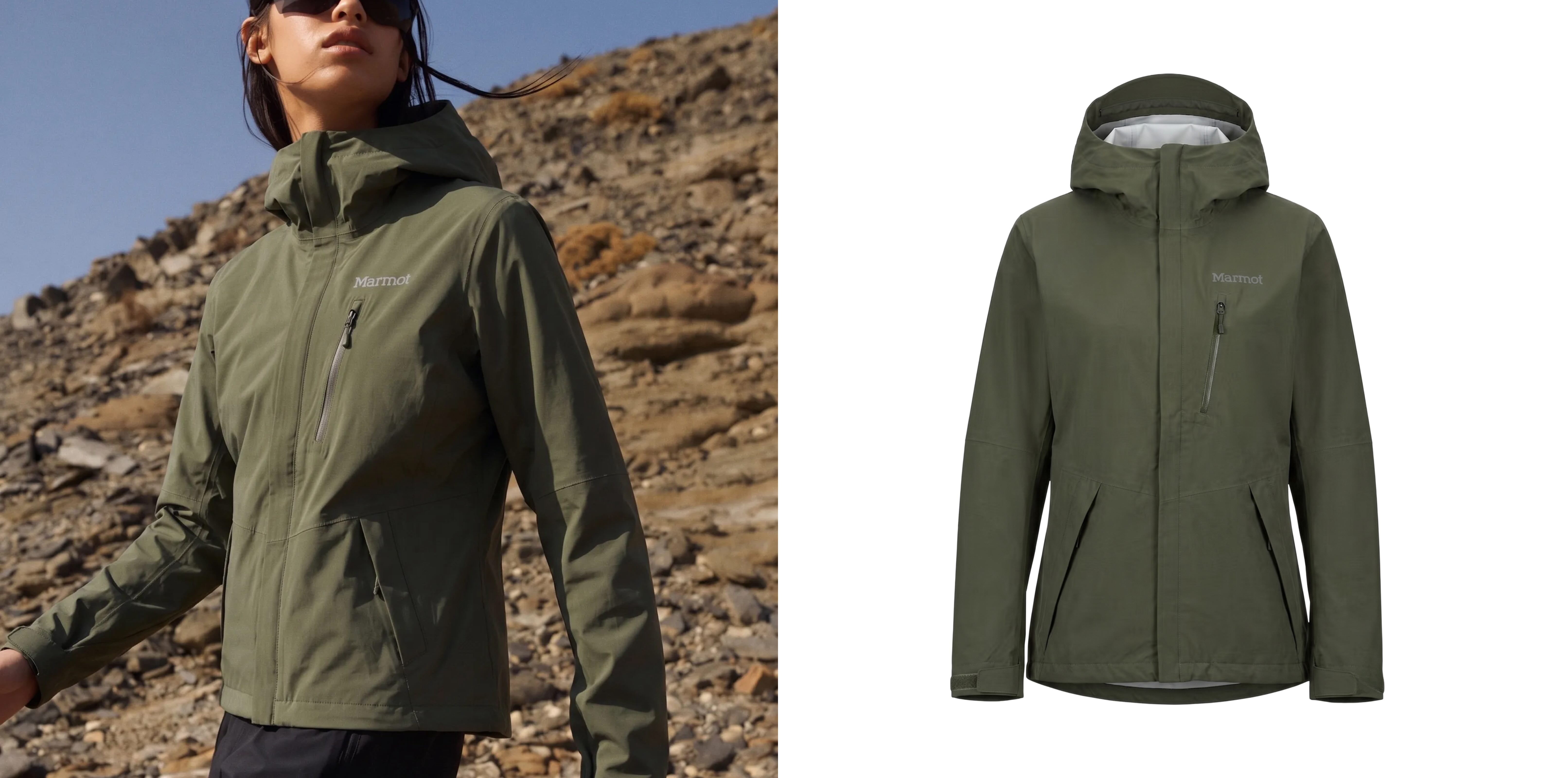 Woman outside with an olive green Marmot rain jacket.