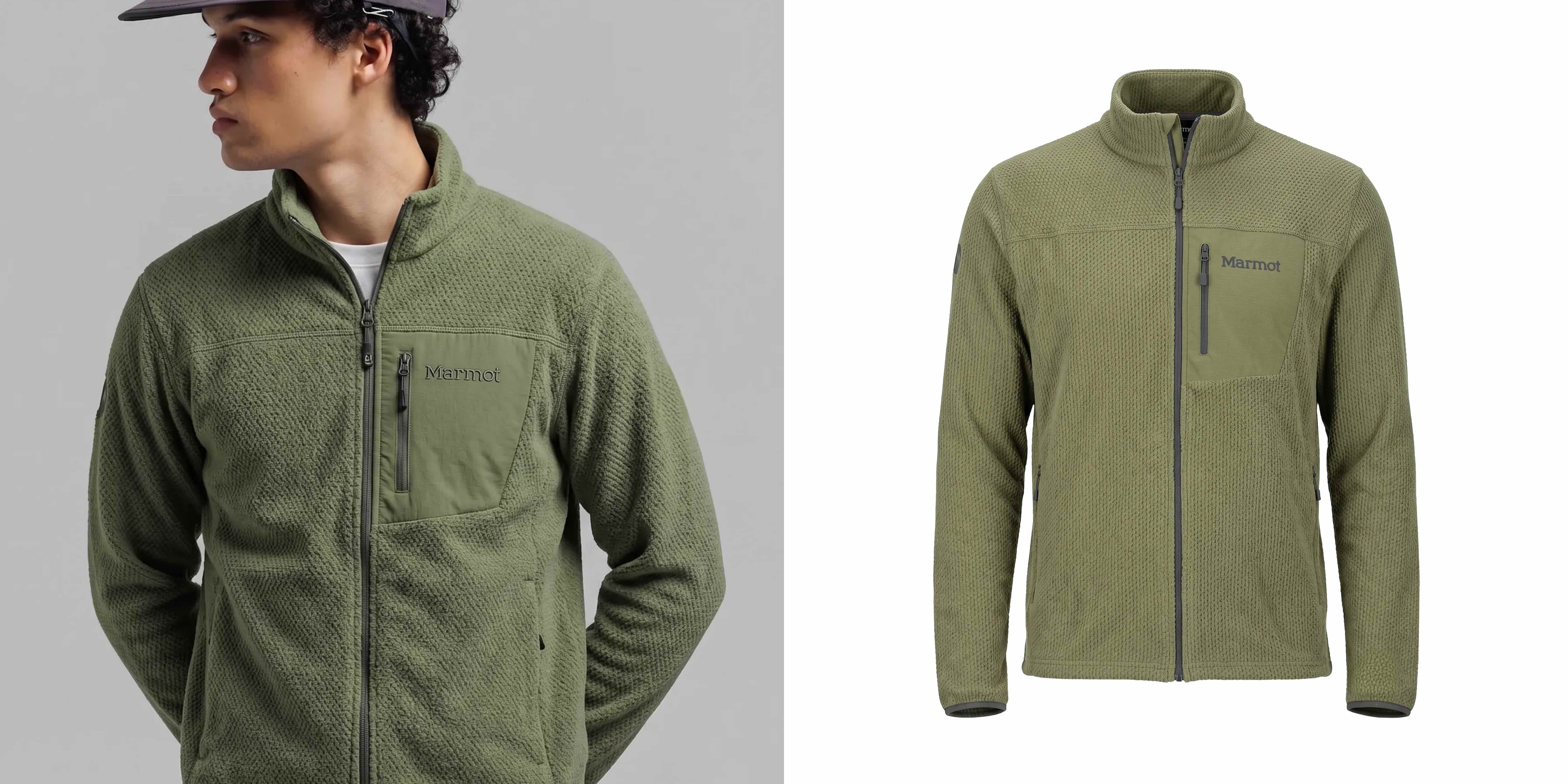 Man wearing a green zipped up Marmot fleece jacket.