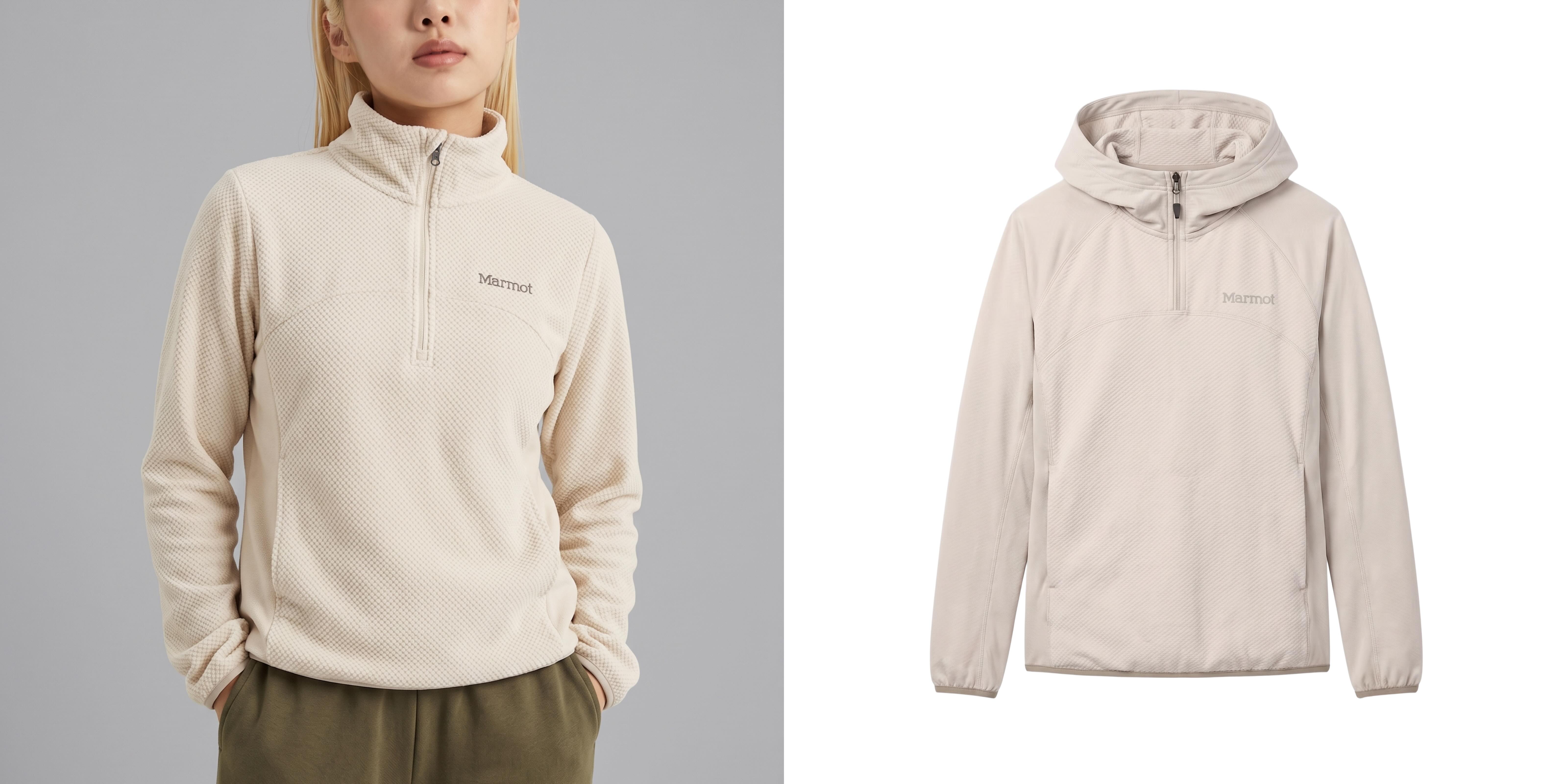 woman wearing a cream Marmot fleece half zip hoodie.