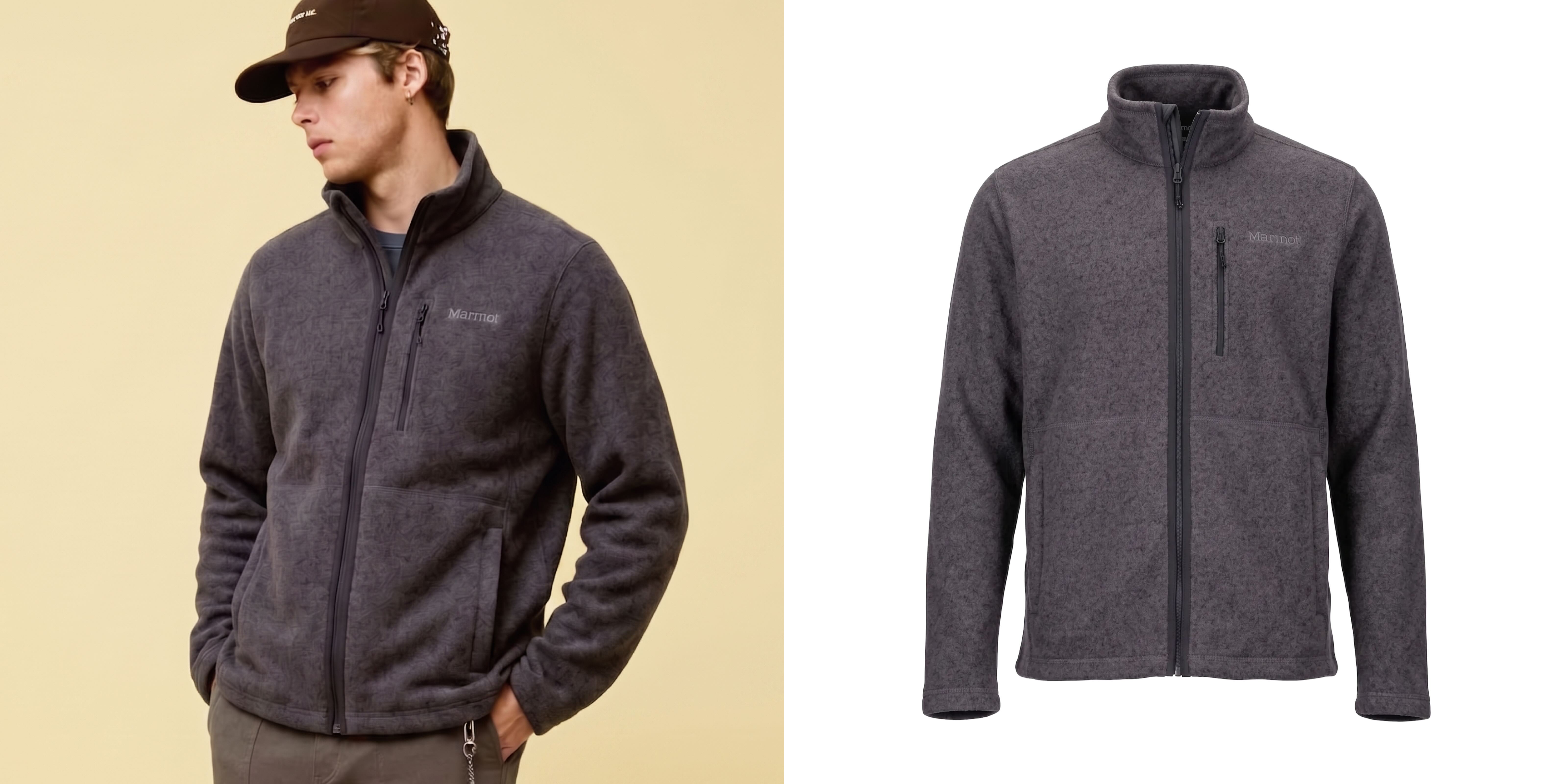 Man wearing a gray zipped up fleece sweater jacket.
