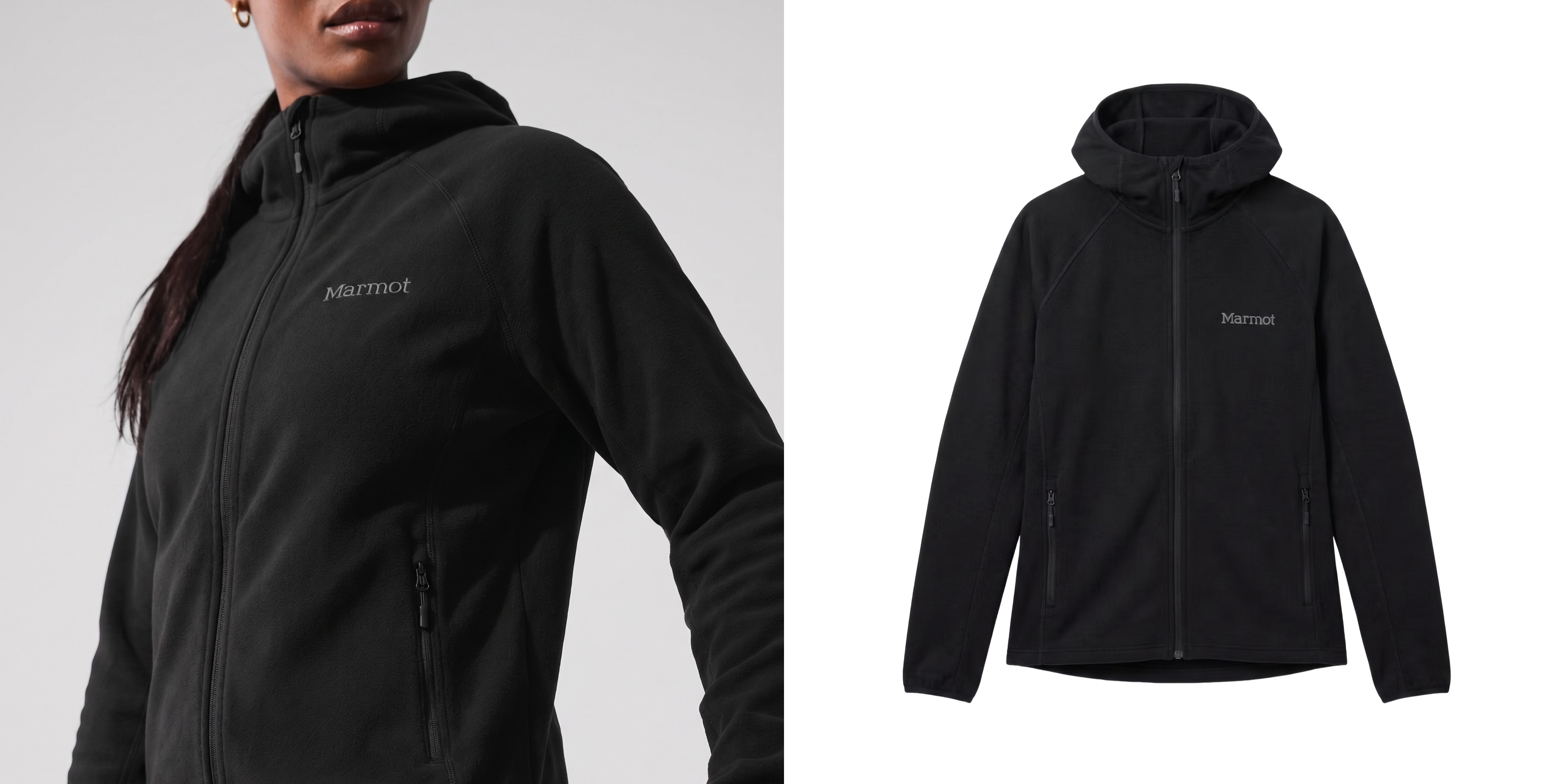 Woman wearing a black hooded fleece zip up jacket