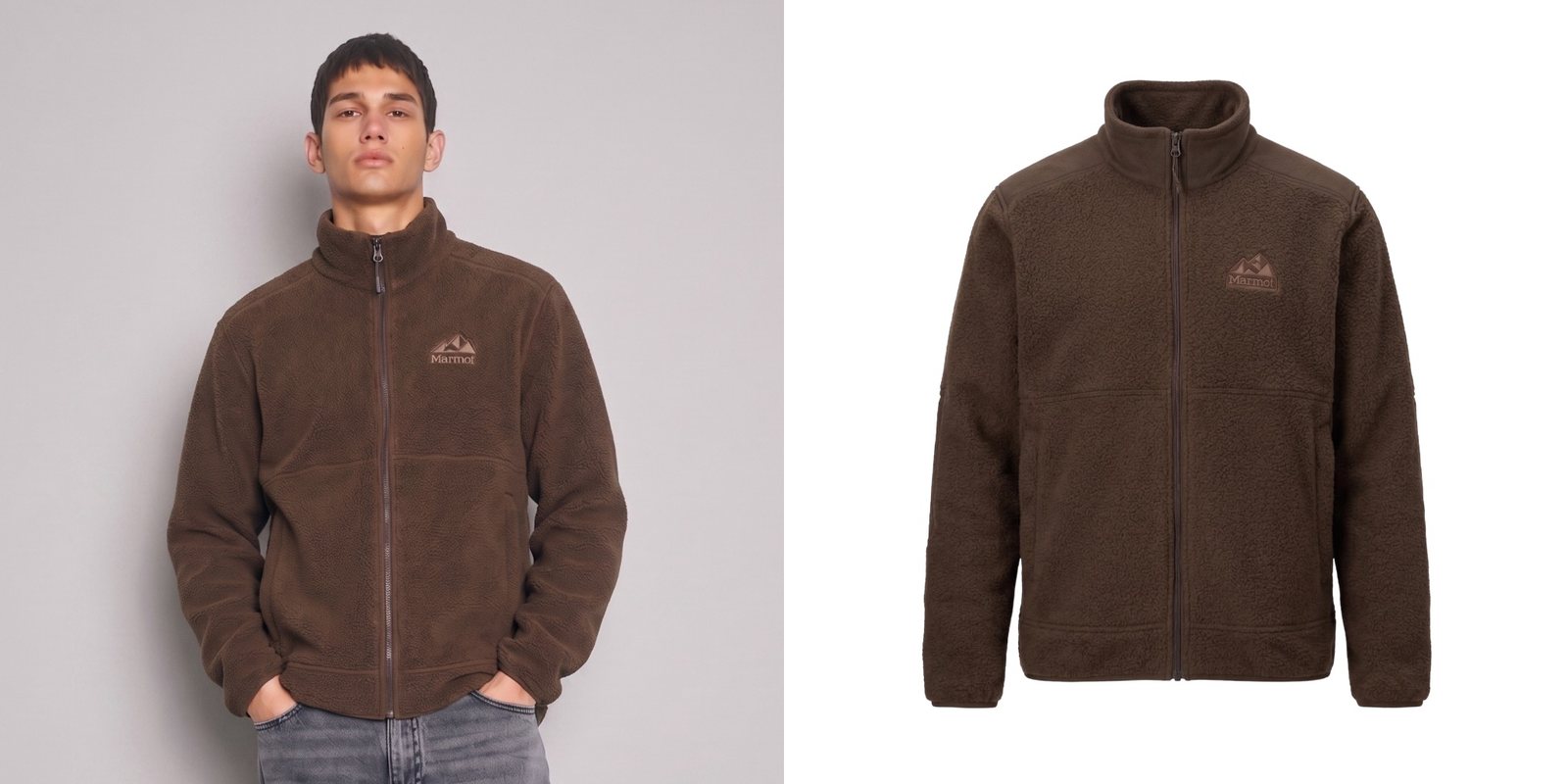 Man wearing a zipped-up brown Marmot fleece jacket.
