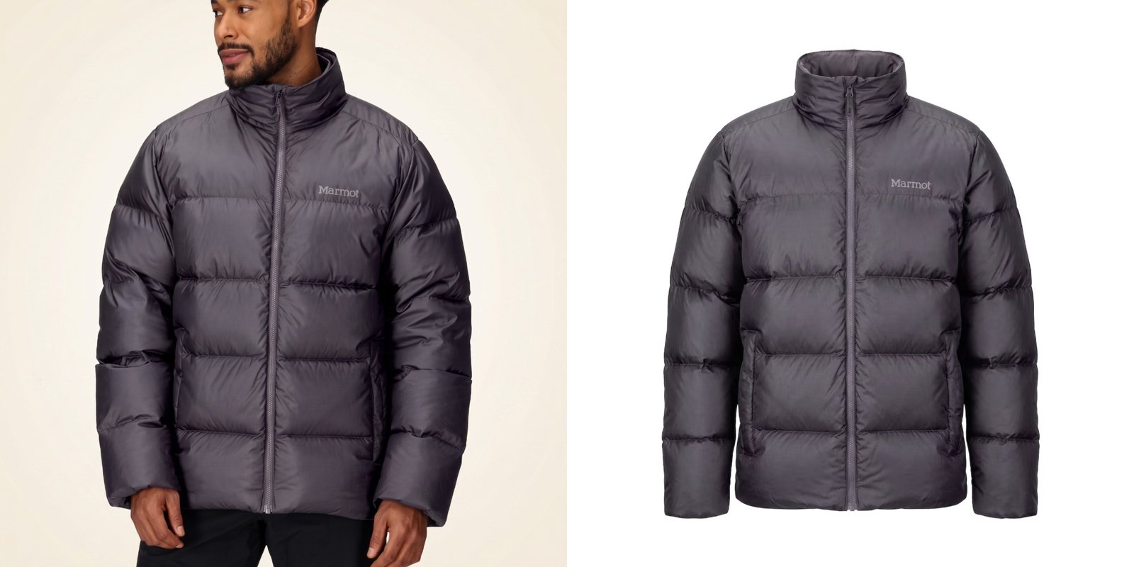Man wearing a ray puffer down Marmot jacket.
