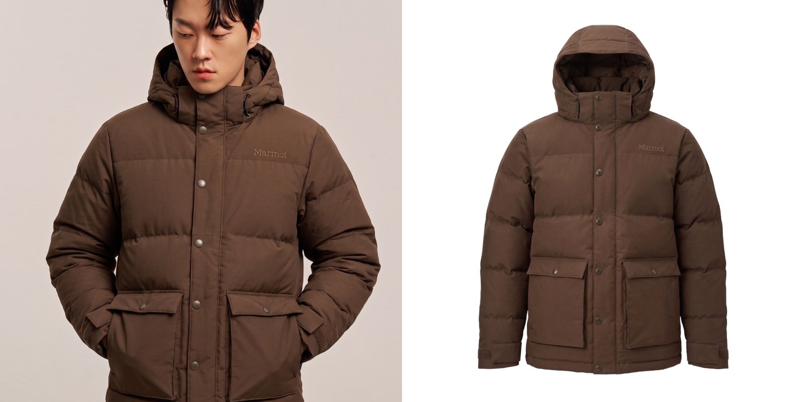 Man wearing a brown puffer Marmot Jacket.