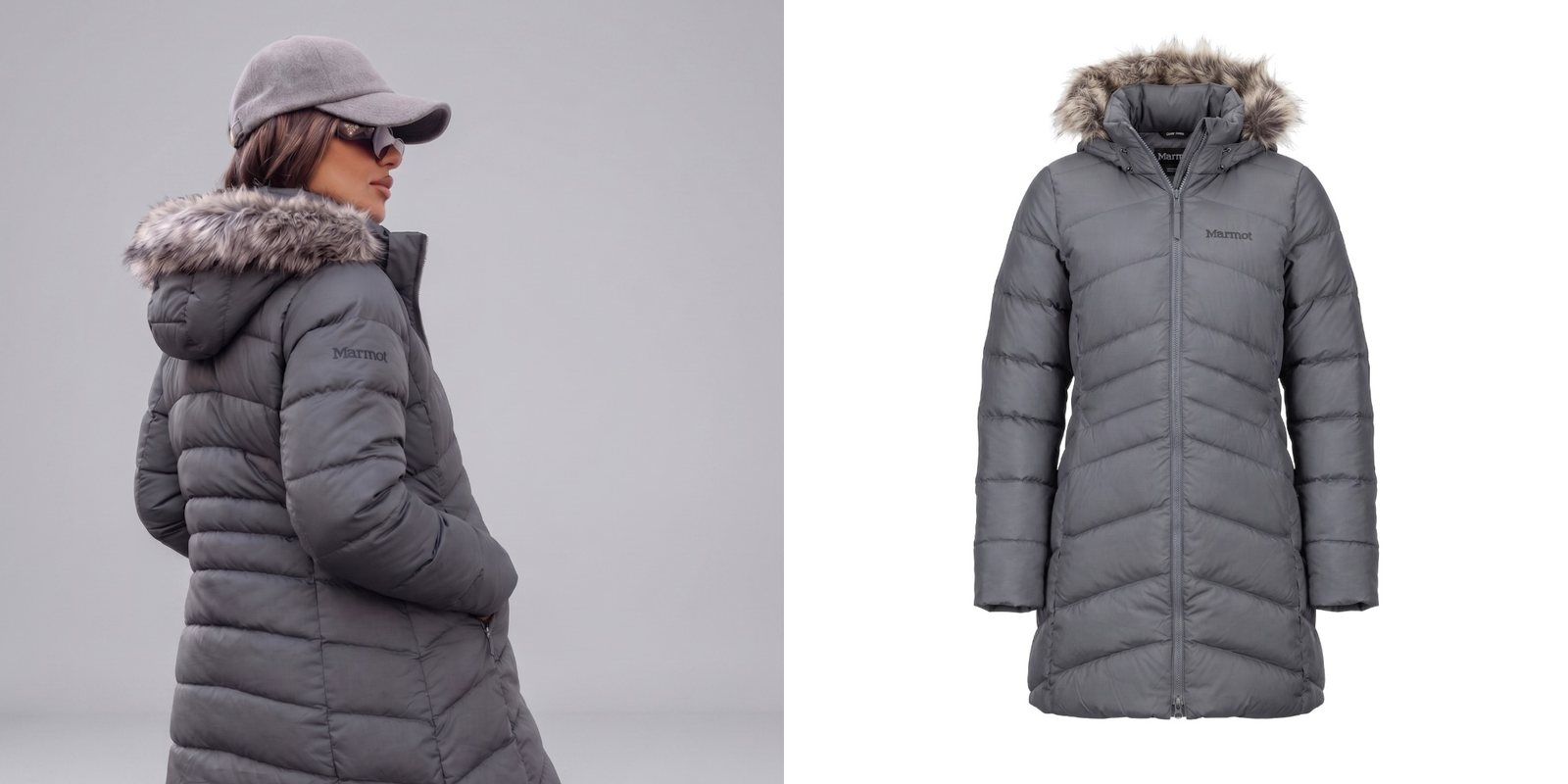 Woman wearing a gray long Marmot puffer coat with fur trim hood.