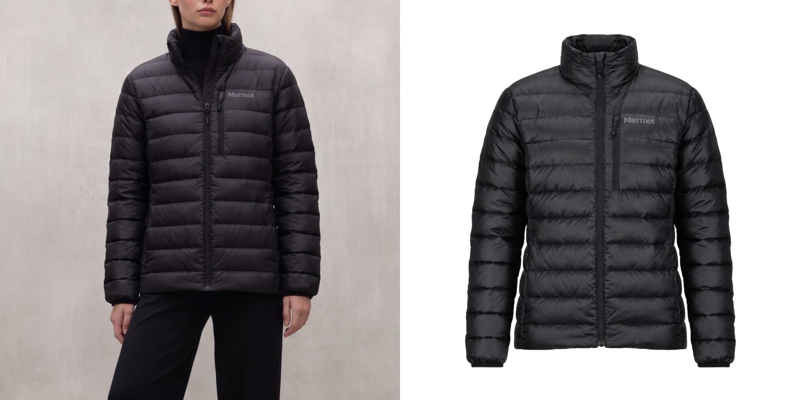 Woman wearing a black puffer down Marmot jacket.