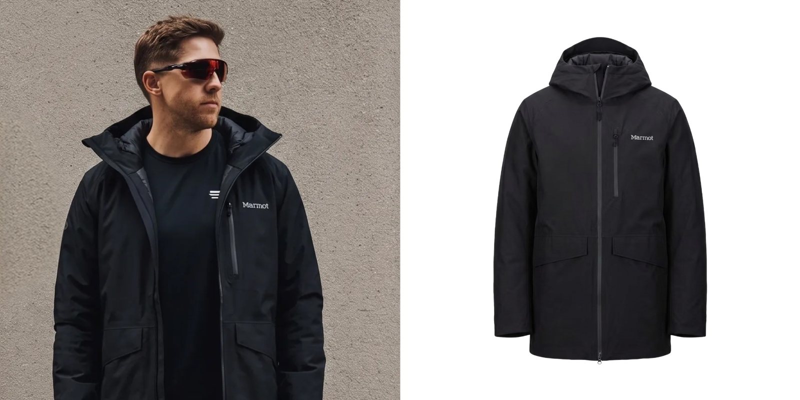 Man wearing a black Marmot down jacket.