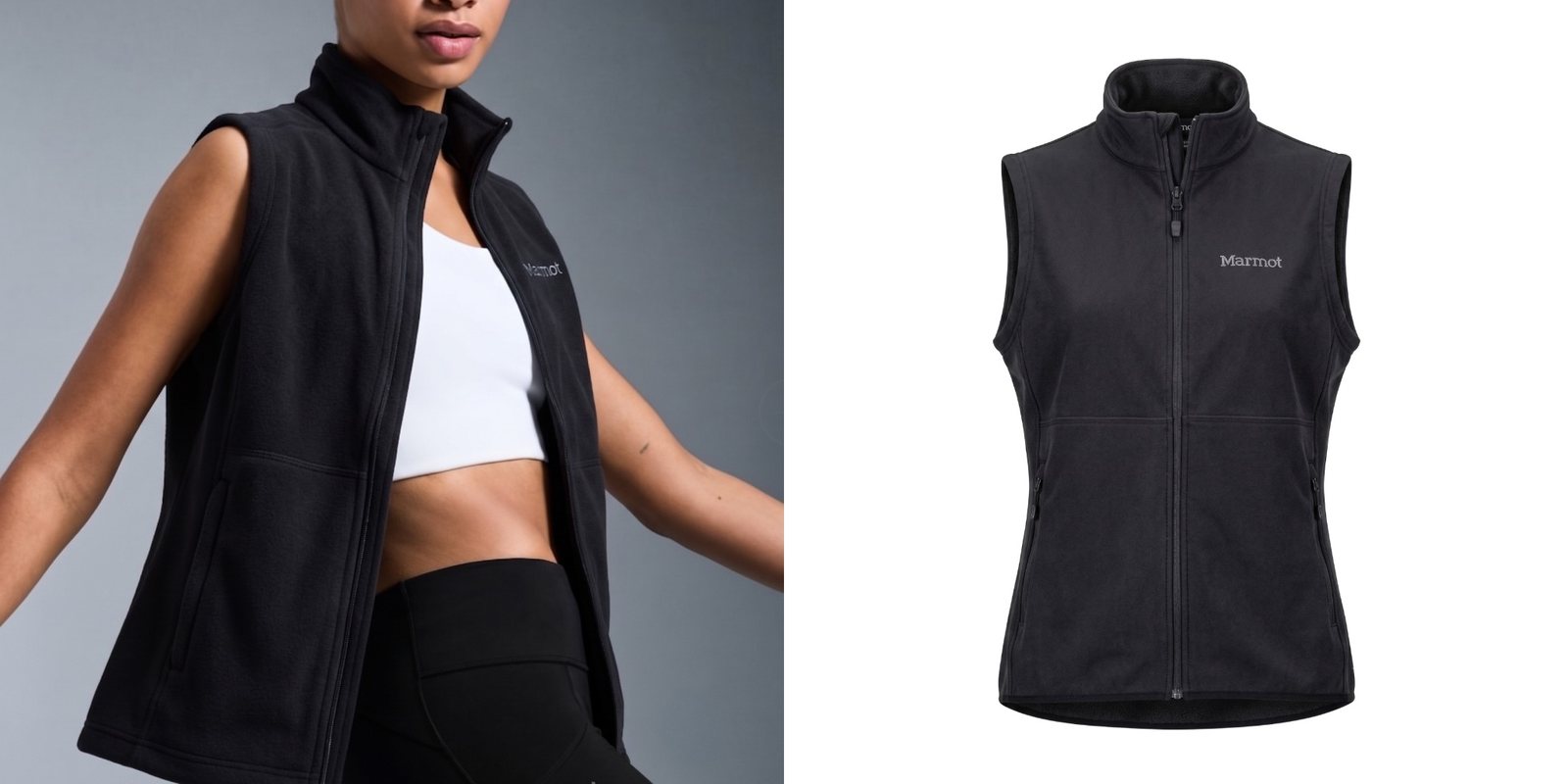 Woman wearing a black Marmot fleece vest.